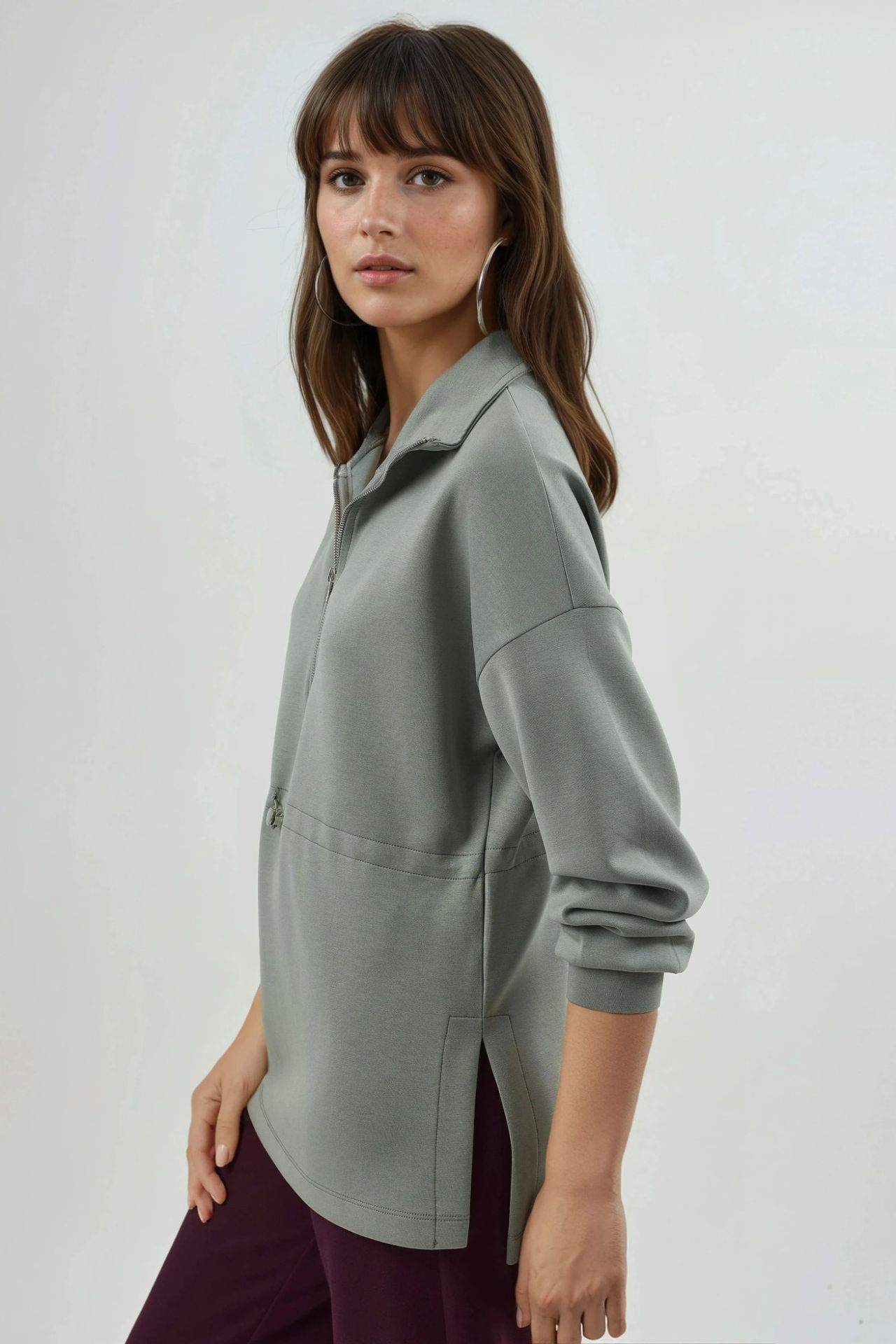 BUSEM Zipper Collar Sweatshirt with Adjustable Waist