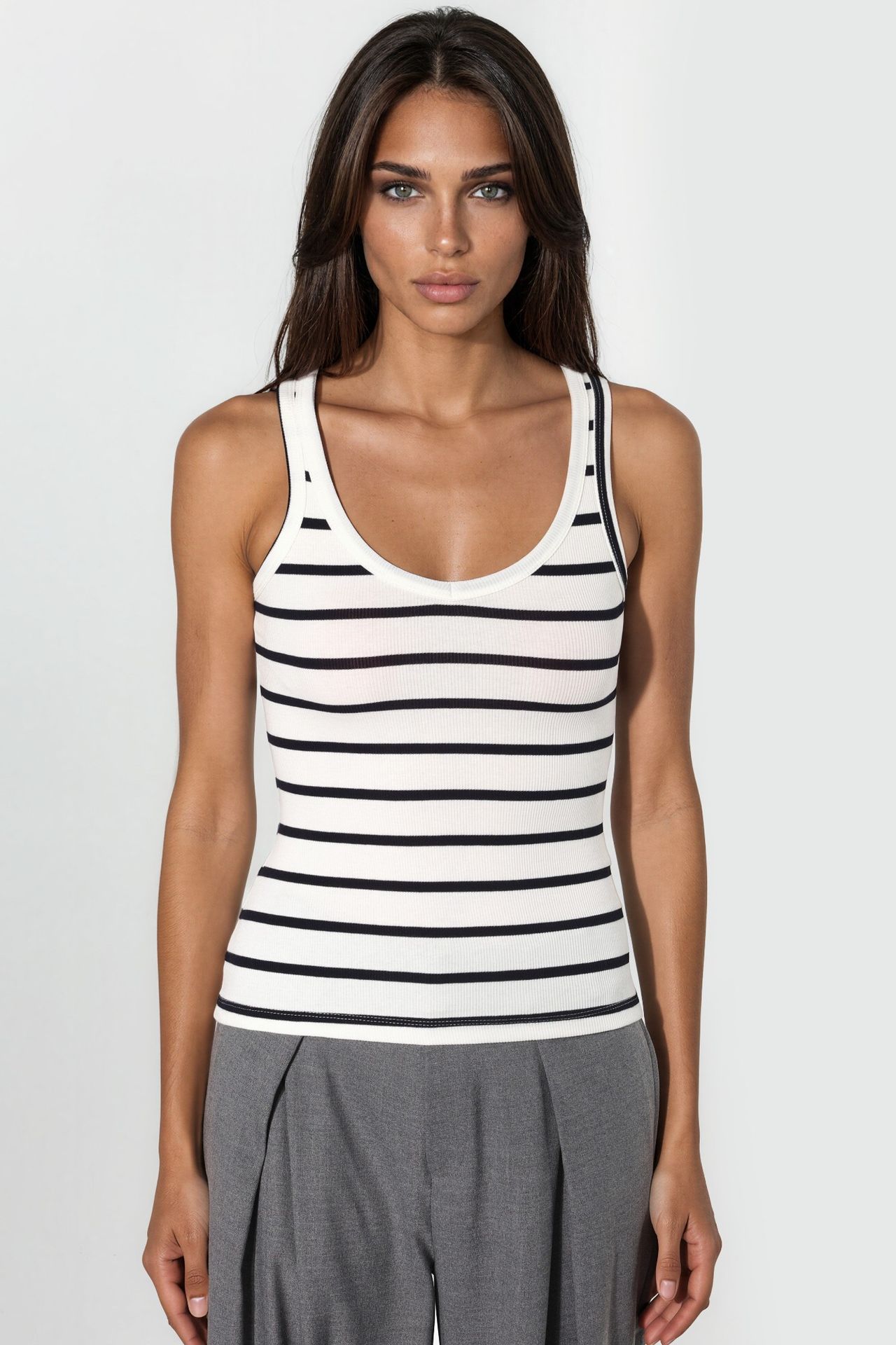 HiCCUP - White Busem Fitted Striped Ribbed U Collar Tank Top Women