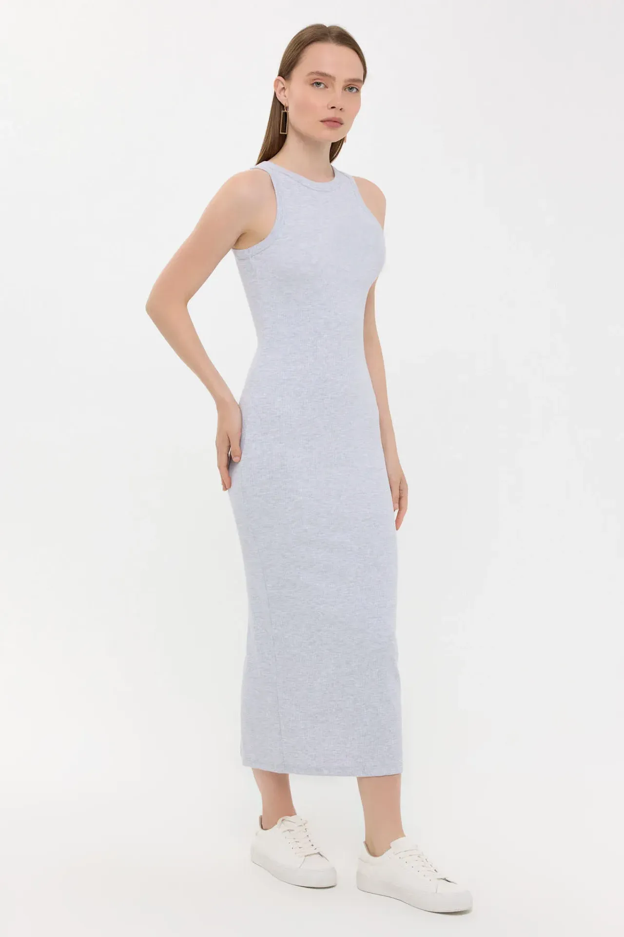 Ribbed Round Neck Maxi Dress with Slit