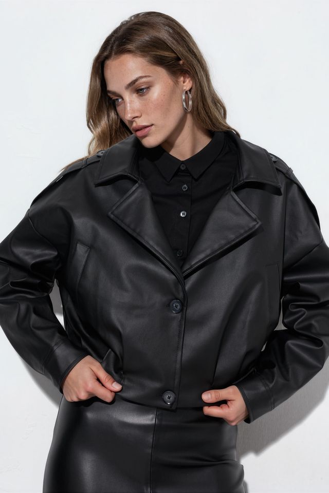 Short Faux Leather Jacket with Pockets