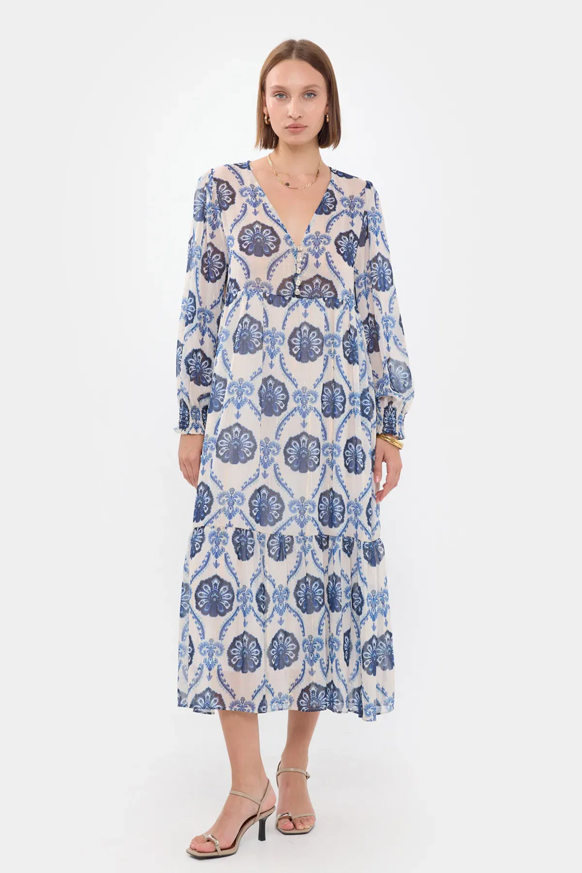 Abstract V Neck Buttoned Tiered Maxi Dress 3