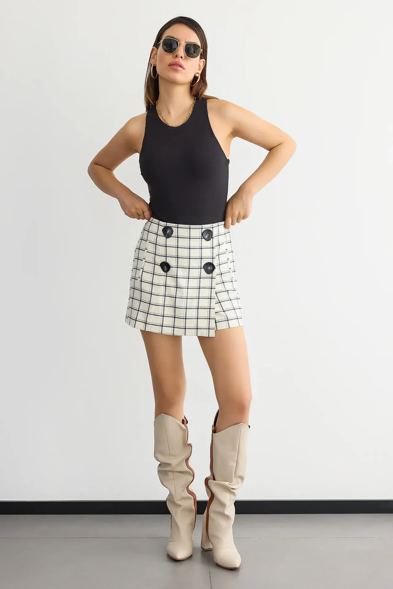 Checked High-Waist Button-Detail Mini Skort