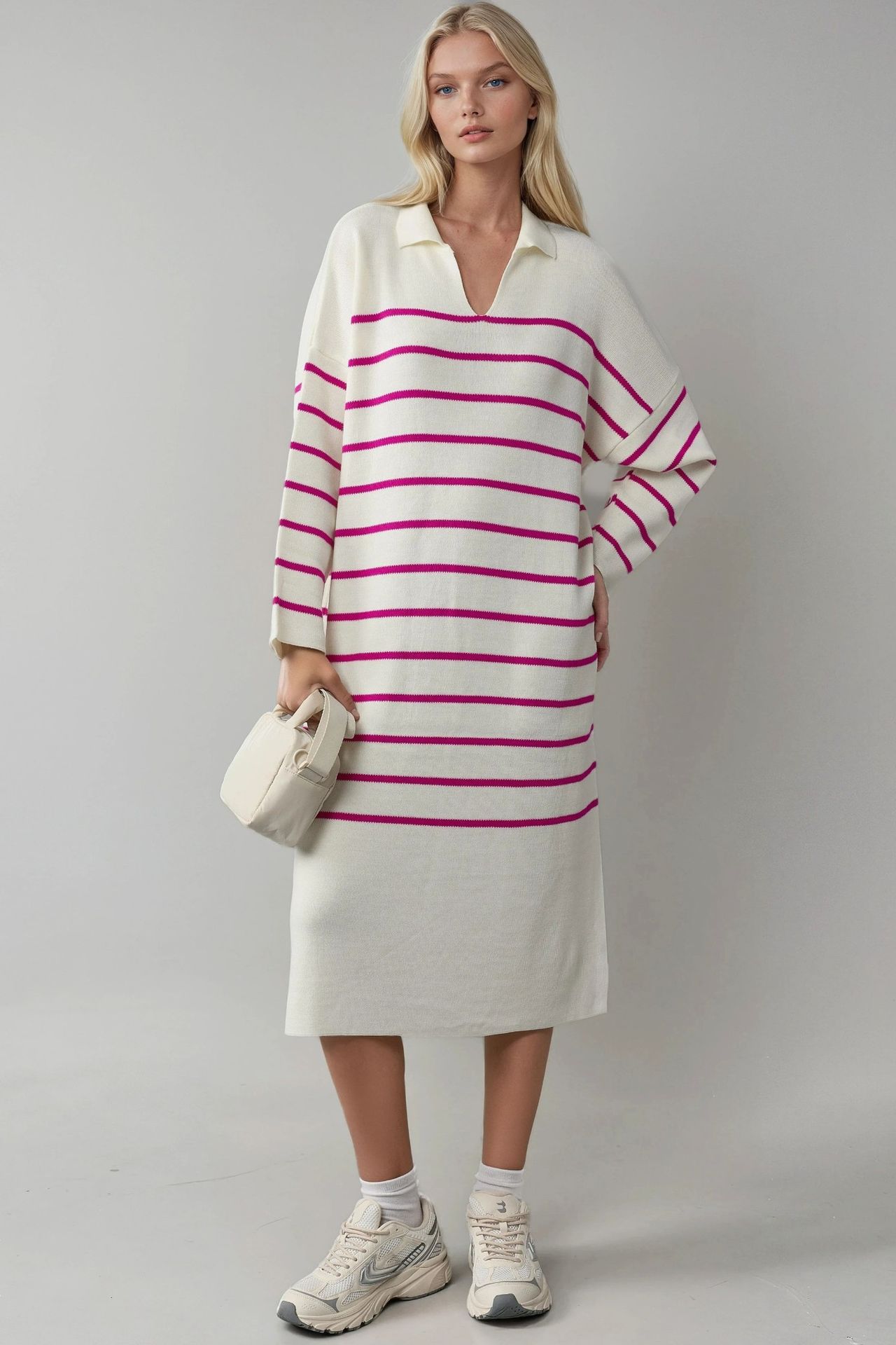 MY FASHION Striped V-Neck Loose Fit Midi Knit Dress with Slit 1