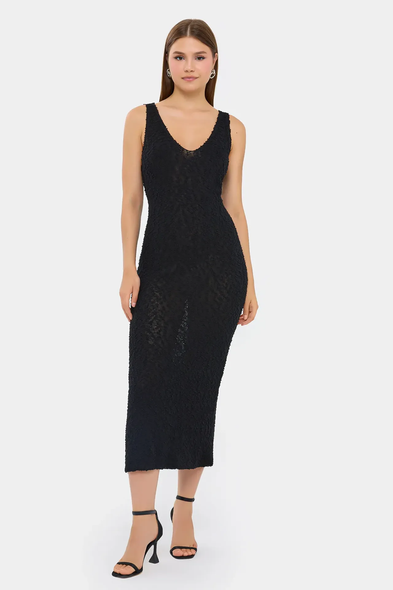 Knitted V-Neck Midi Dress with Textured Pattern