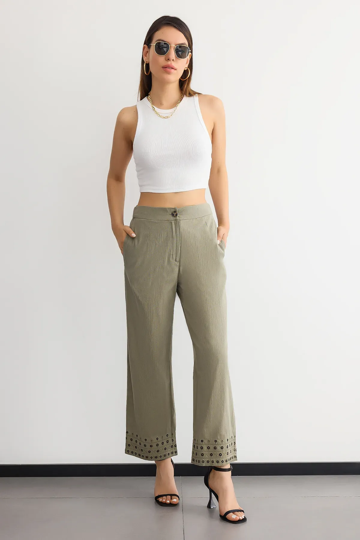 High-Waist Straight-Leg Trousers with Boho Details 1