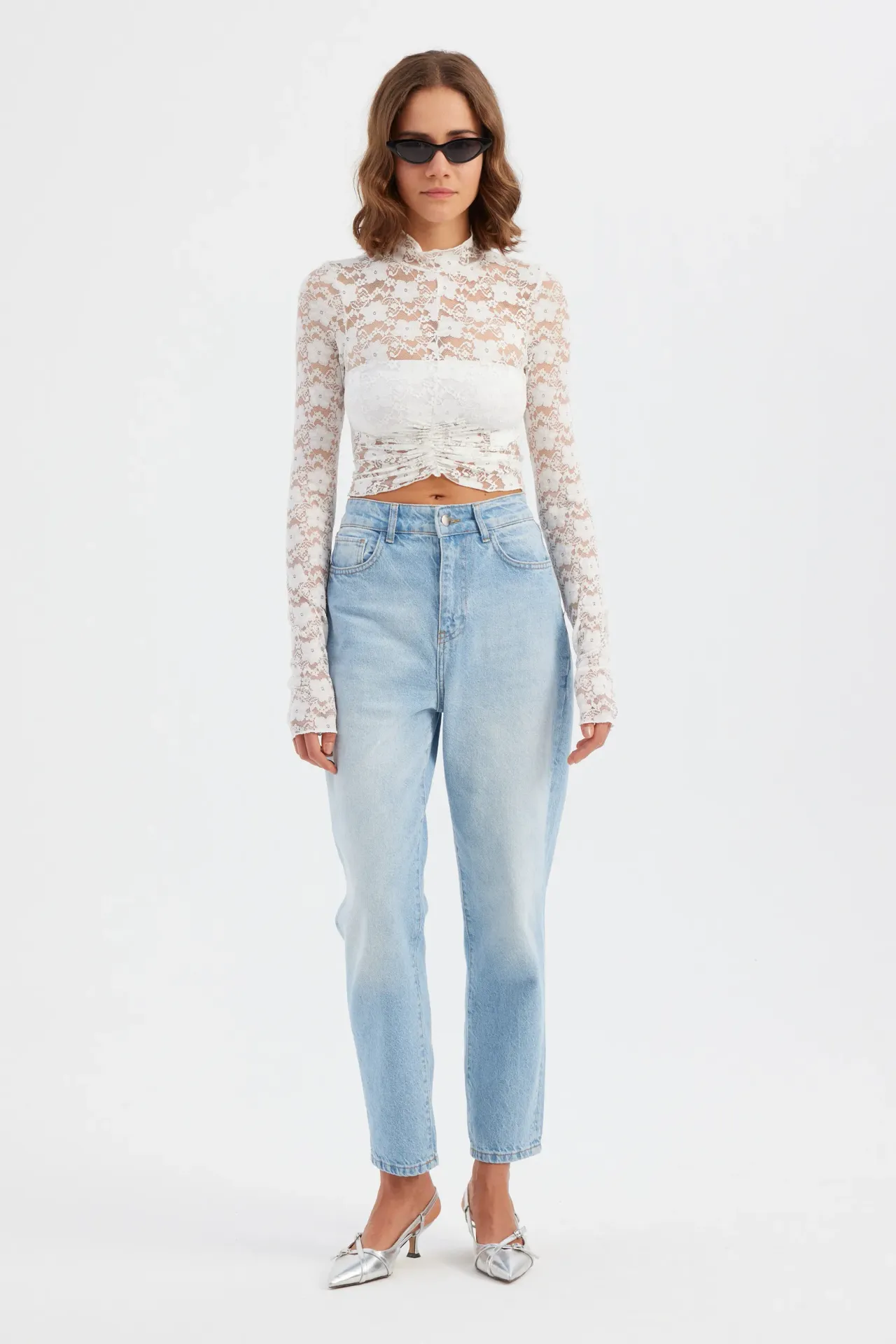 Floral Lace High Neck Long Sleeve Cropped Top