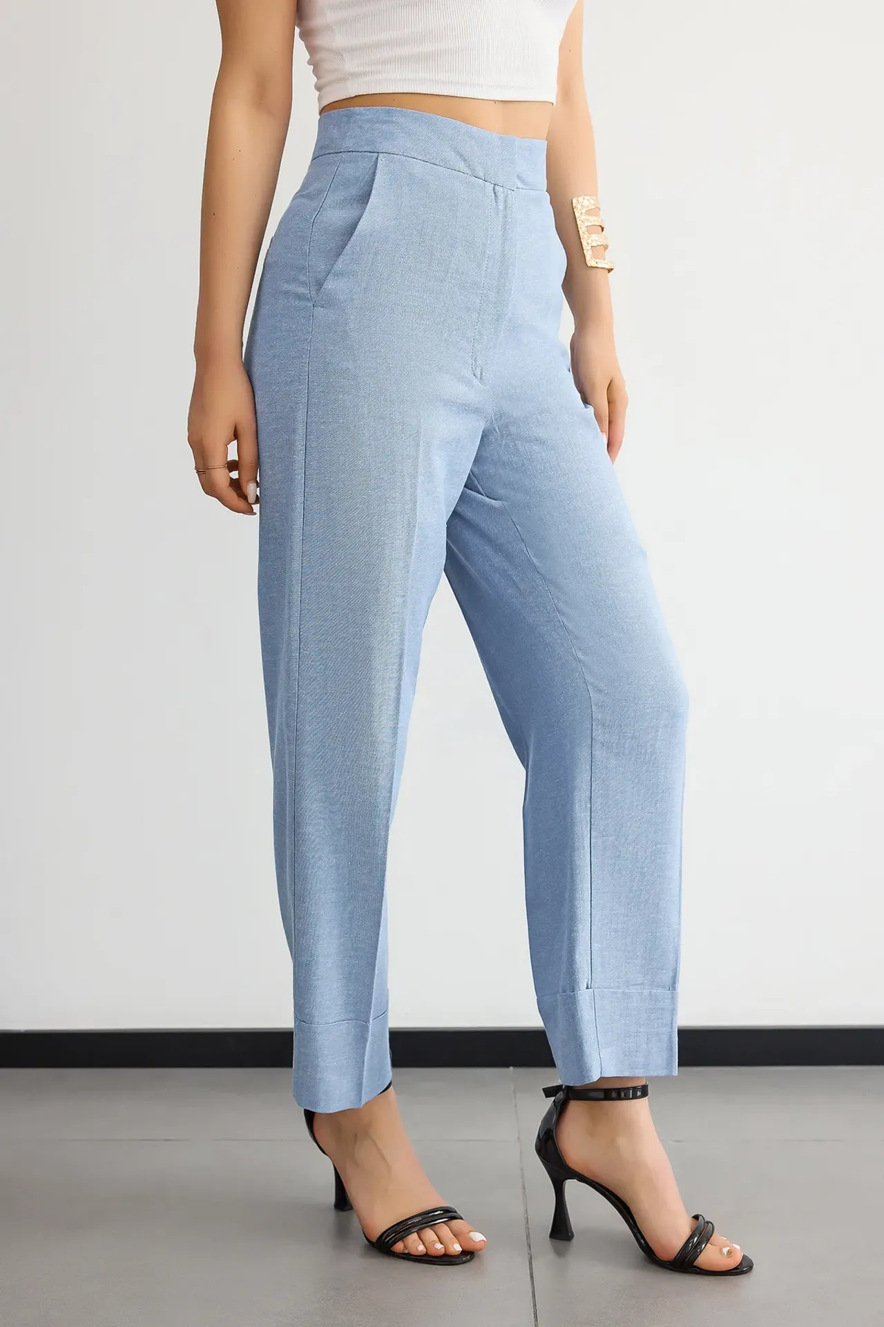 High Waist Linen Straight-Leg Trousers