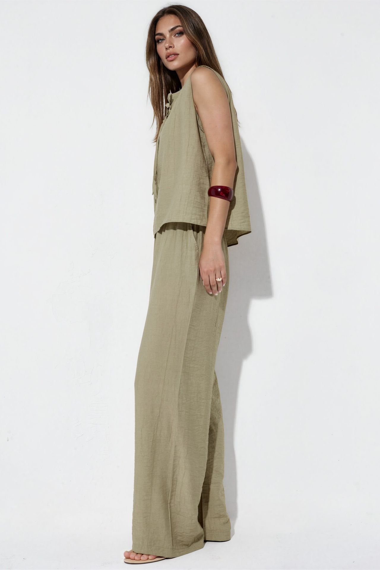 Viscose Blend Blouse with Tie Detail & Elastic Waist Pants Set 2