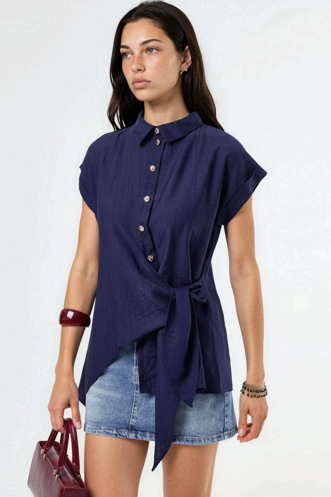BUSEM Textured Woven Blouse with Tie Detail 2