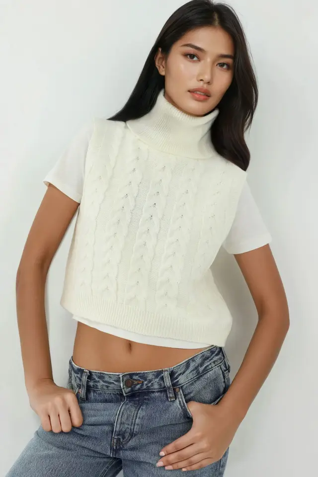Turtleneck Knitwear Sweater Vest with Hair Braid Pattern