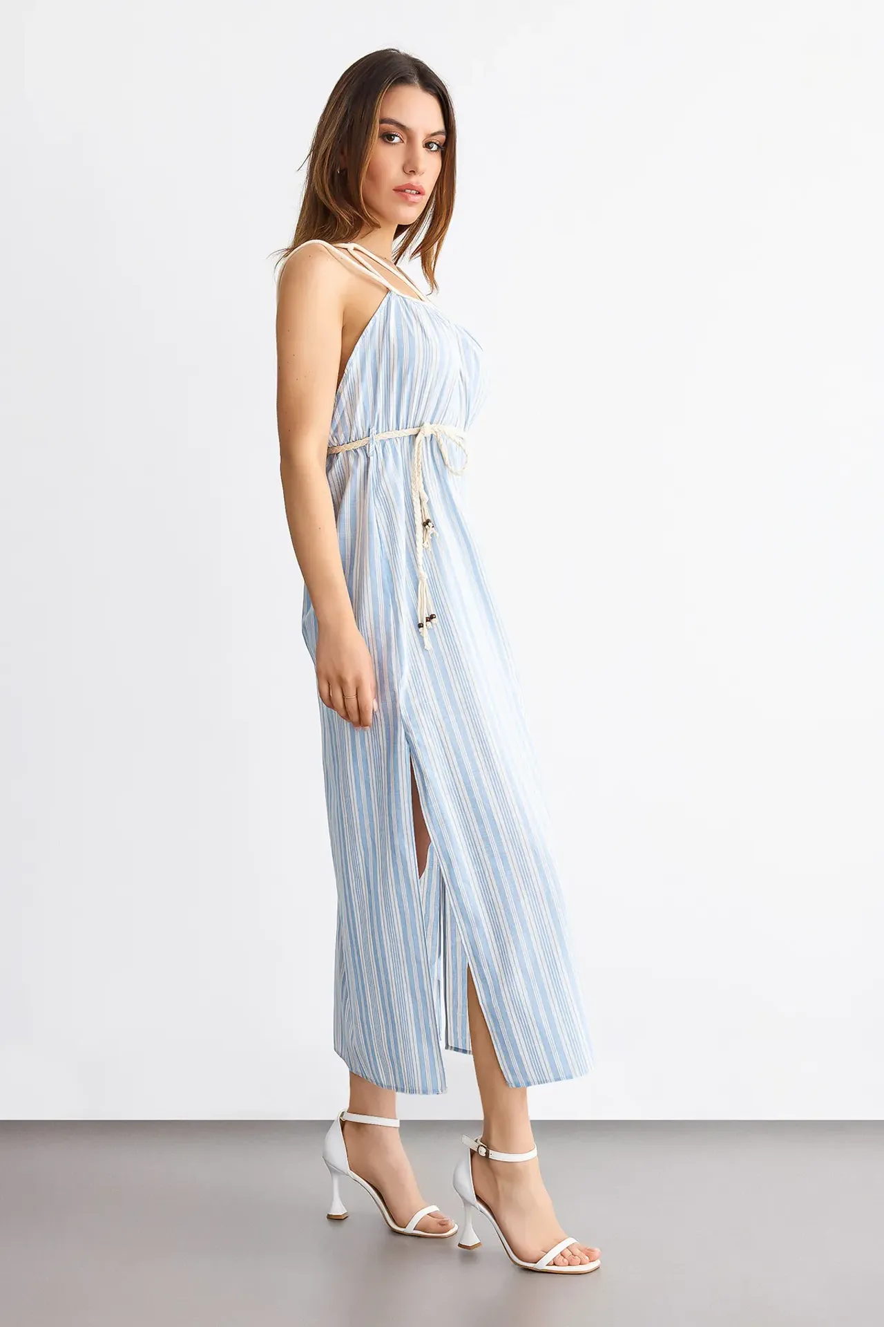 Striped Tie-Front Spaghetti Strap Maxi Dress