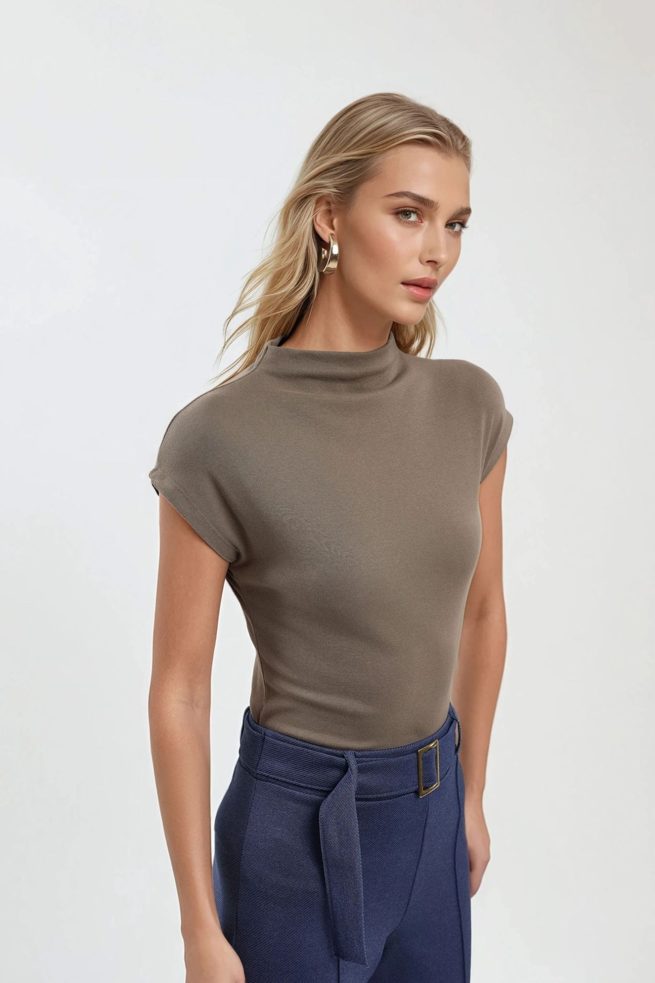 Fitted Mock Neck Cap Sleeve Knitted Blouse 2