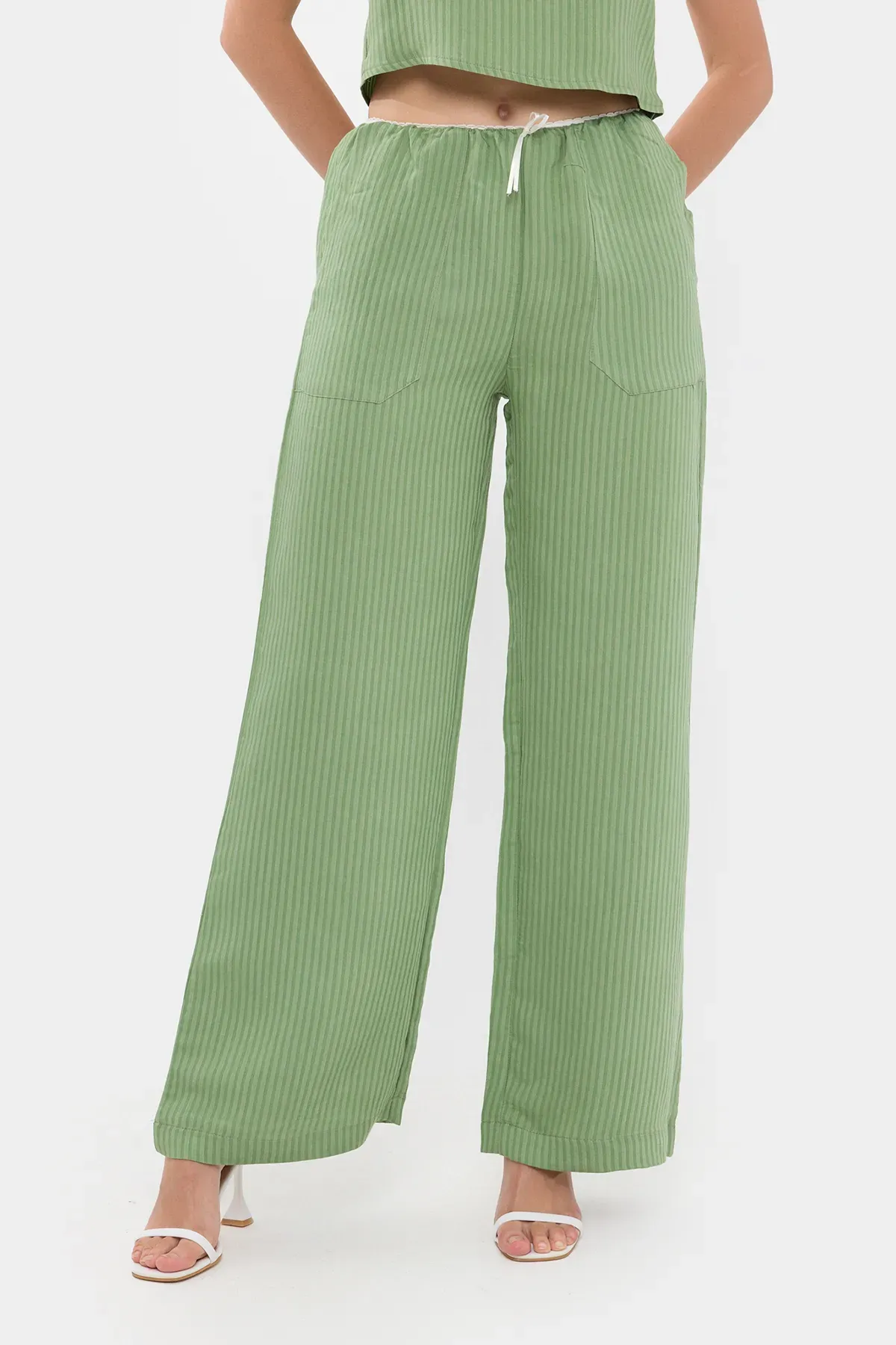 Striped High Waist Straight Leg Pajama Bottom with a Belt Detail 2