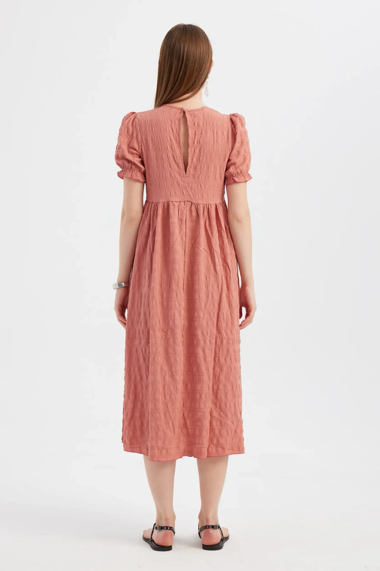 Solid Crew Neck Balloon Sleeve Midi Dress