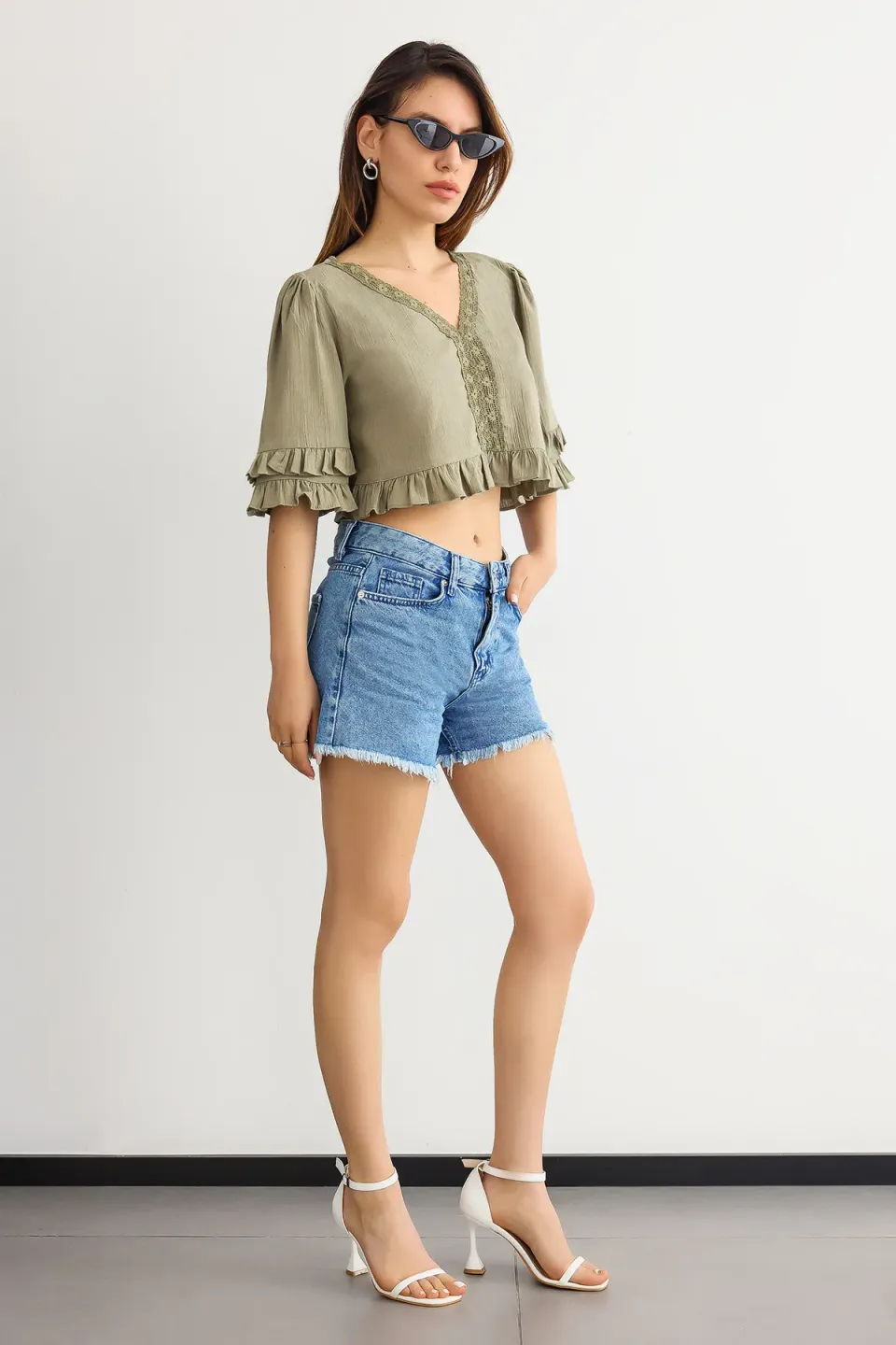 Cropped V-Neck Ruffled Blouse