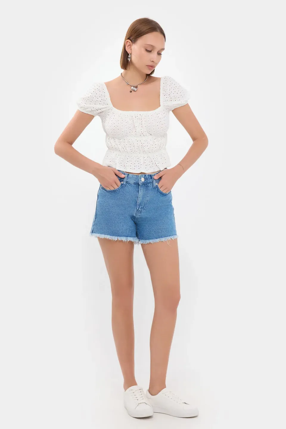 Embroidered Square Neck Short Sleeve Peplum Top