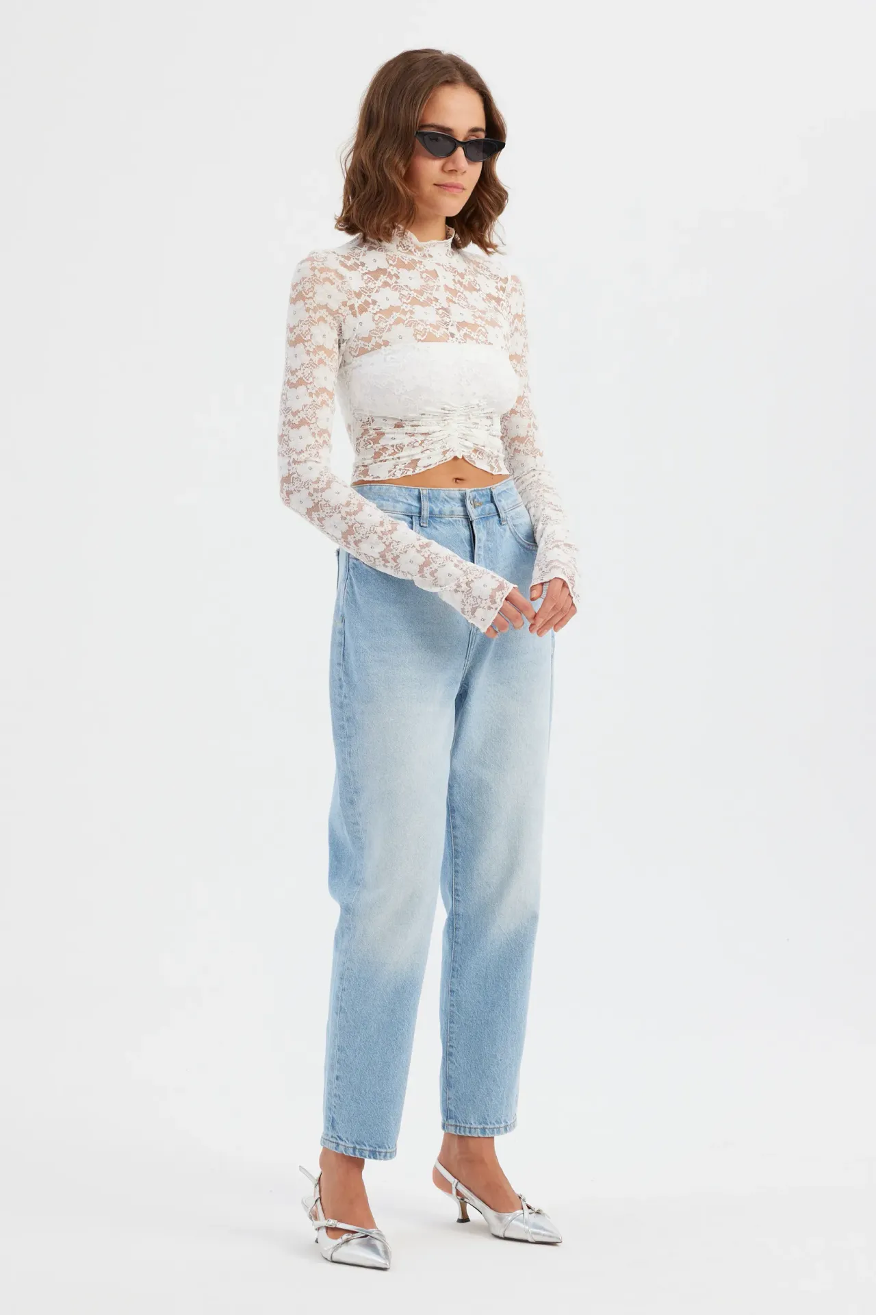 Floral Lace High Neck Long Sleeve Cropped Top