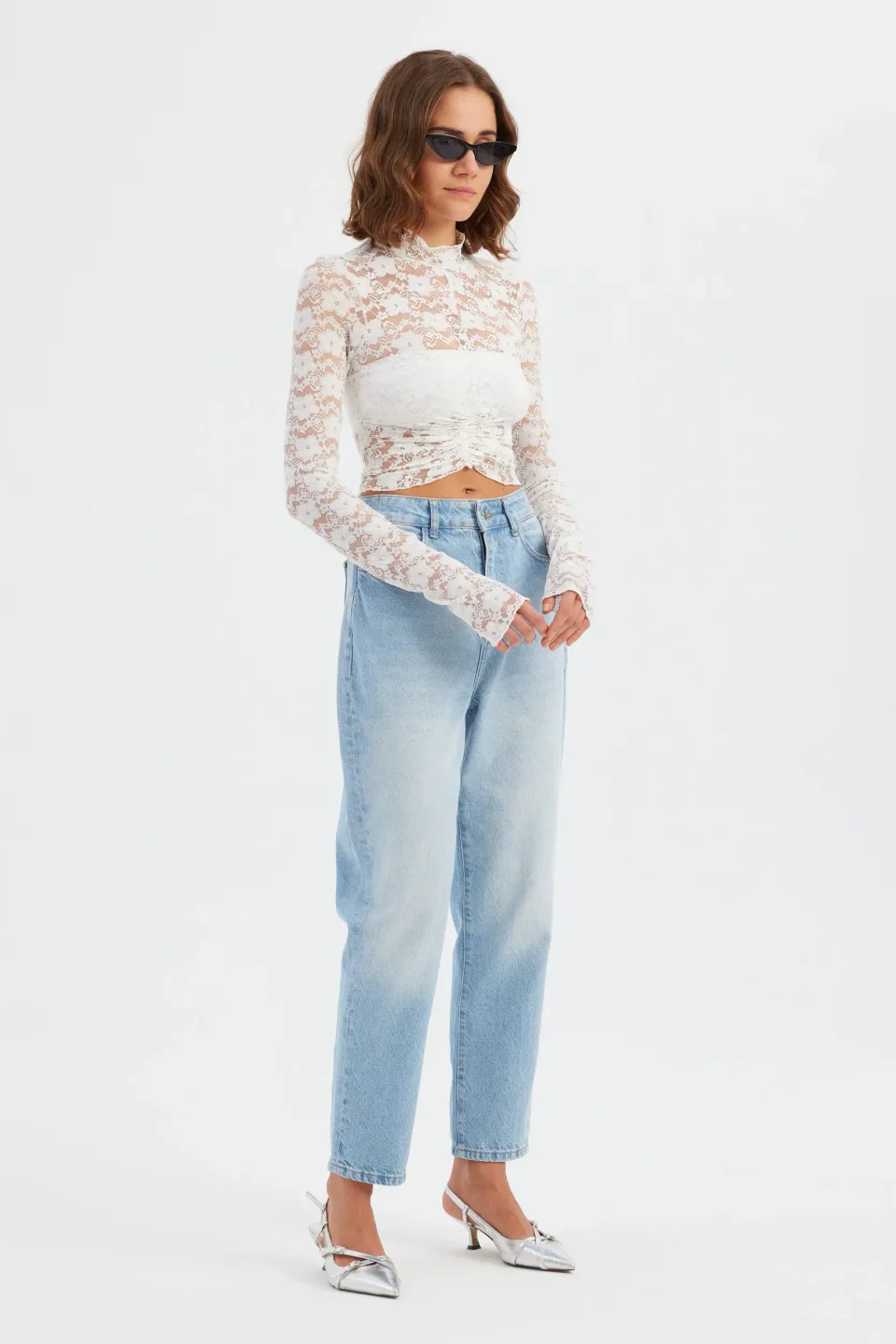 Floral Lace High Neck Long Sleeve Cropped Top