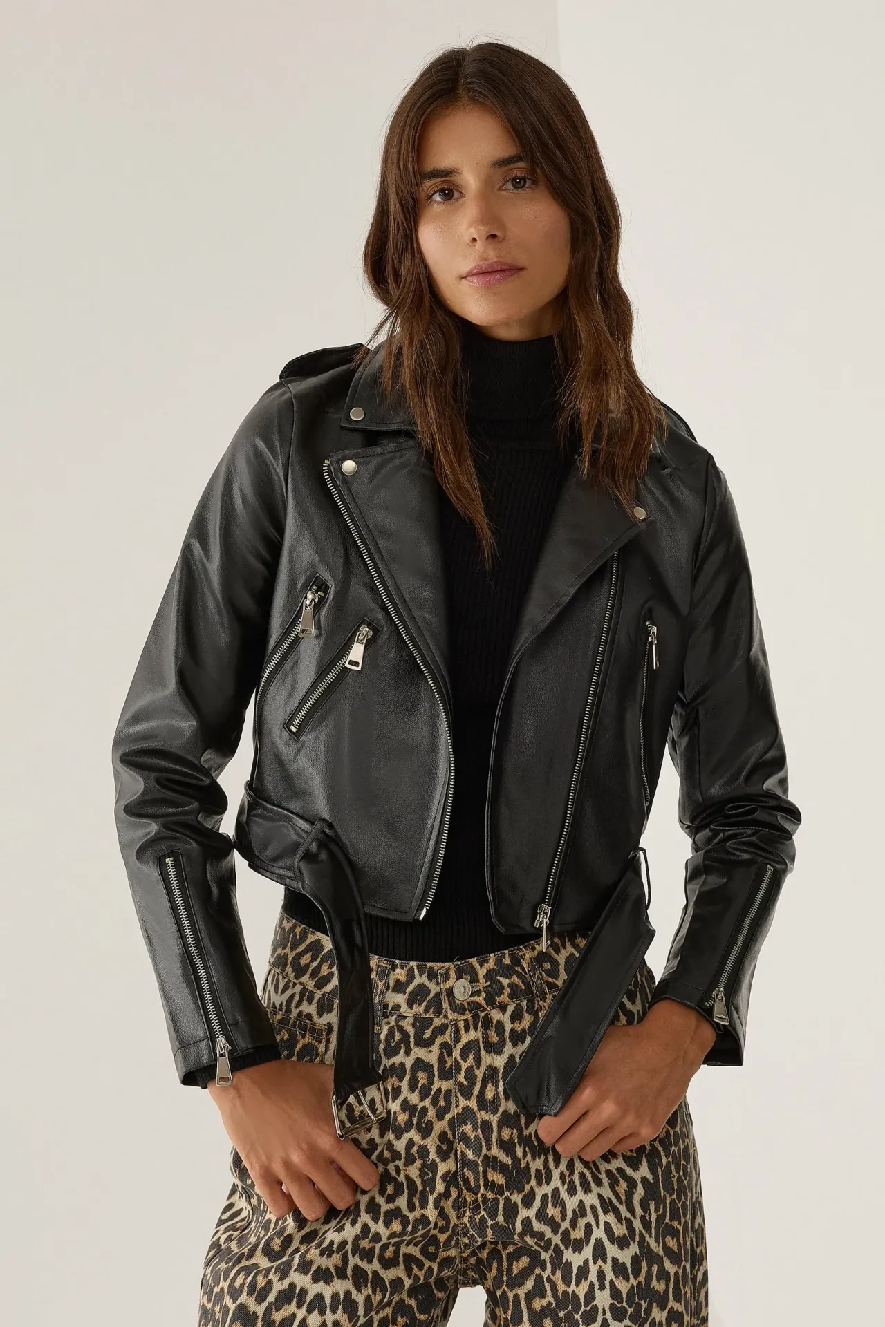 Belted Faux Leather Biker Jacket