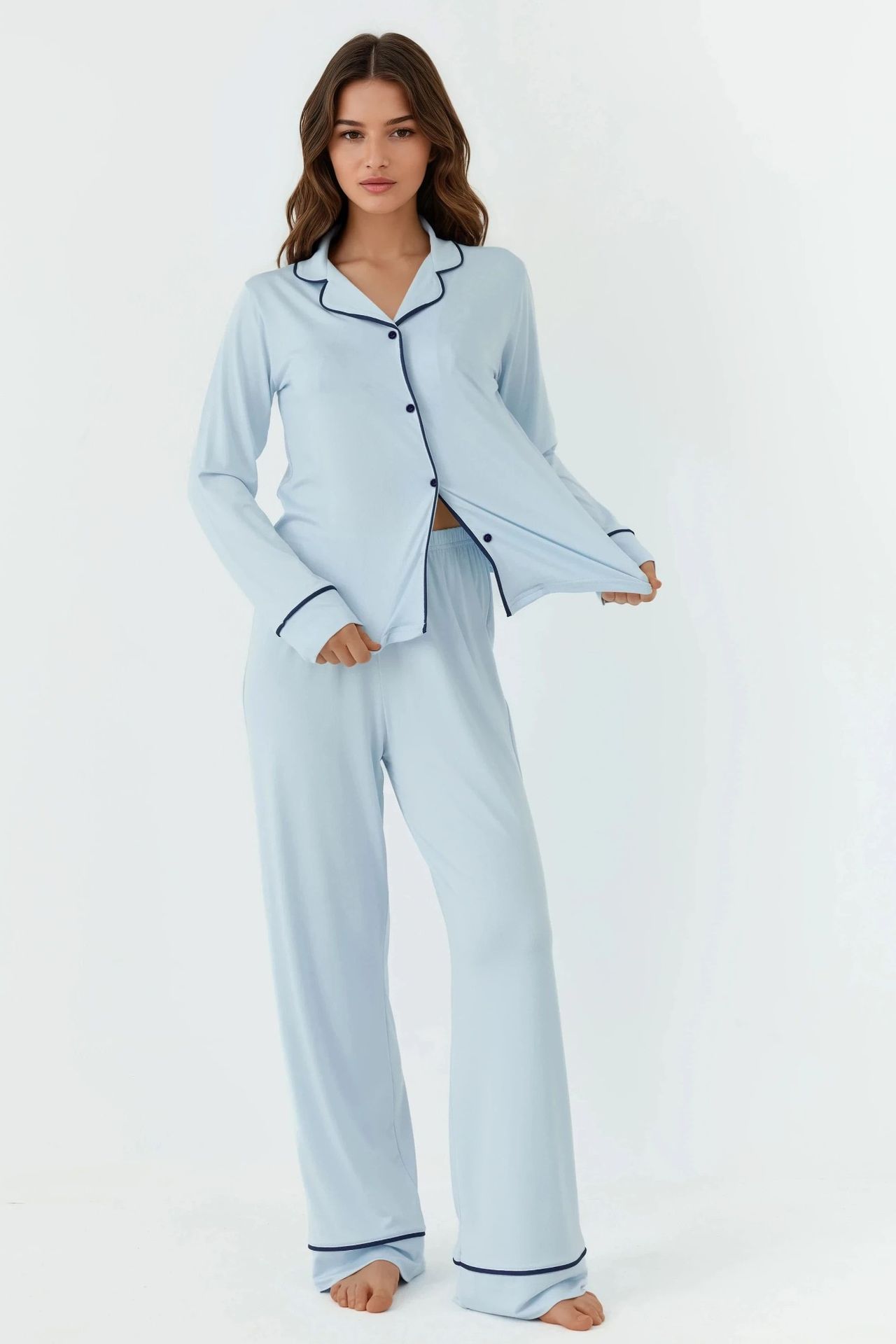 Relaxed Fit Long Sleeve Extra Soft Touch Pajama Set with Shirt Collar 6