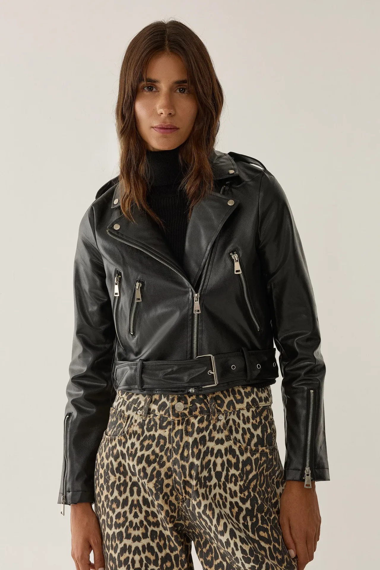 Belted Faux Leather Biker Jacket