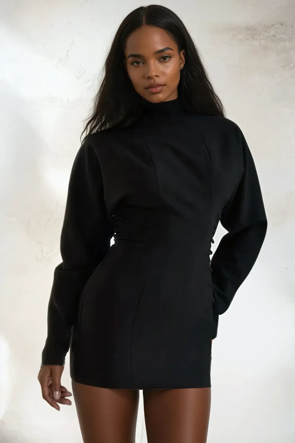 Batwing Sleeved Pleated Bodycon Dress