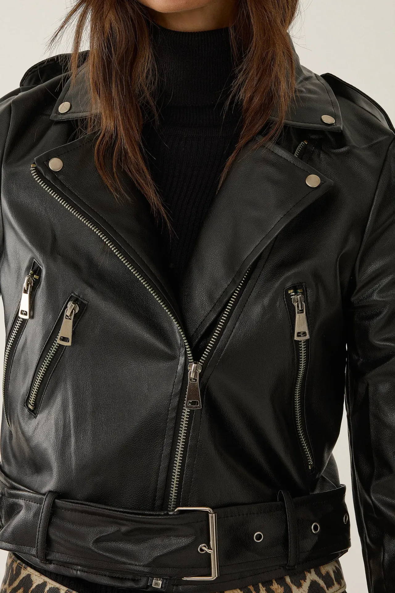 Belted Faux Leather Biker Jacket