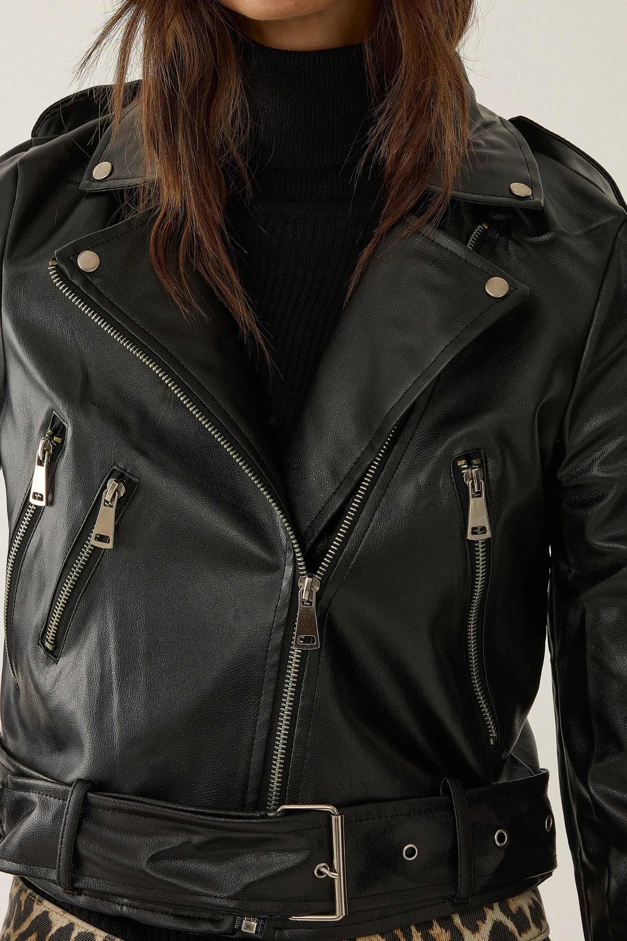 HiCCUP - Black Belted Faux Leather Biker Jacket Women