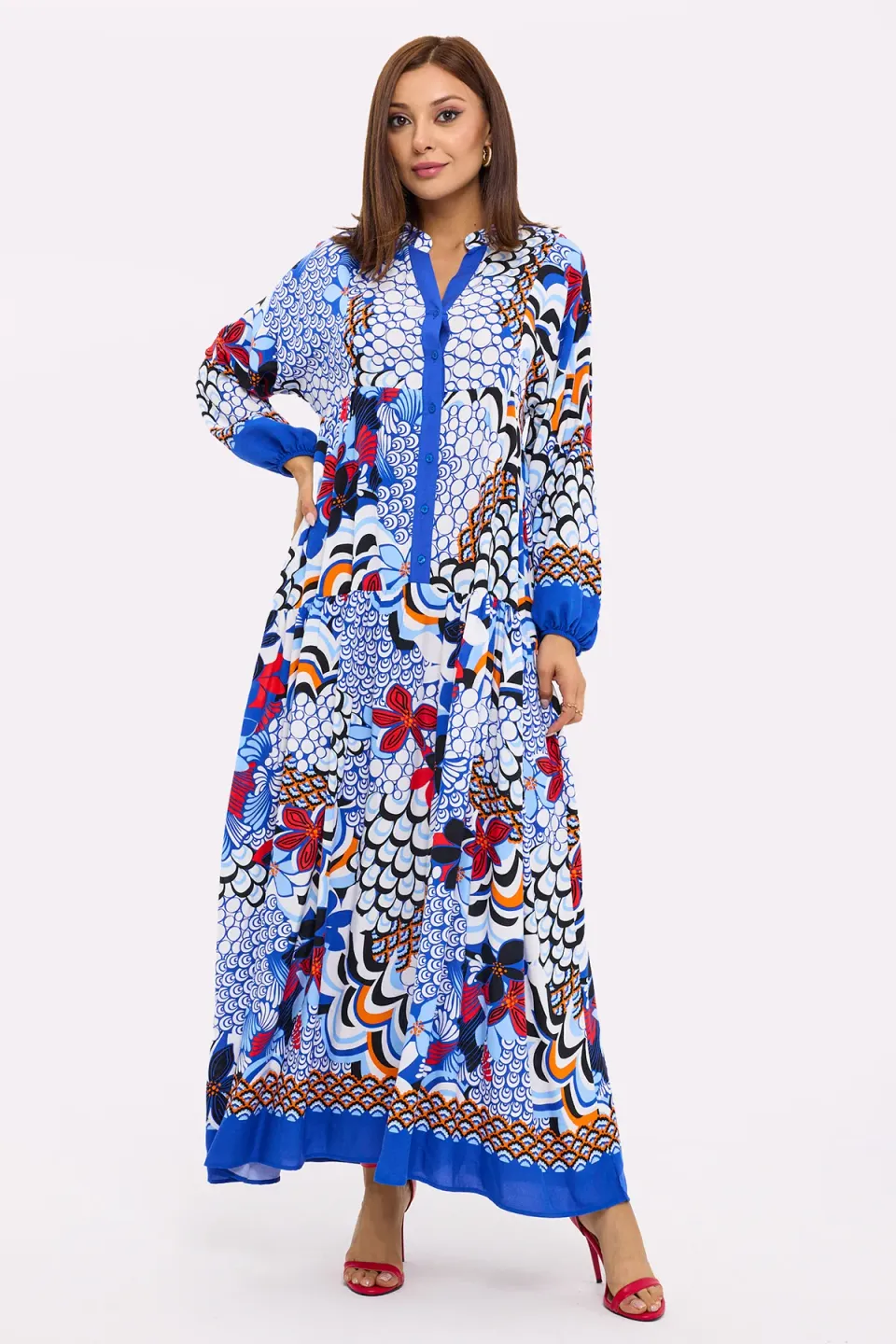 Abstract Print Tiered Shirt Maxi Dress