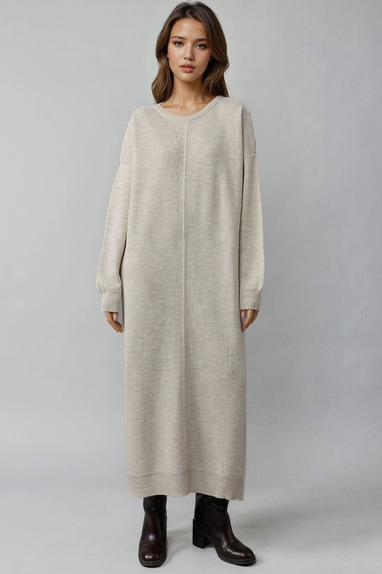 MY FASHION Textured Ribbed Long Knit Dress with Slit Detail 6