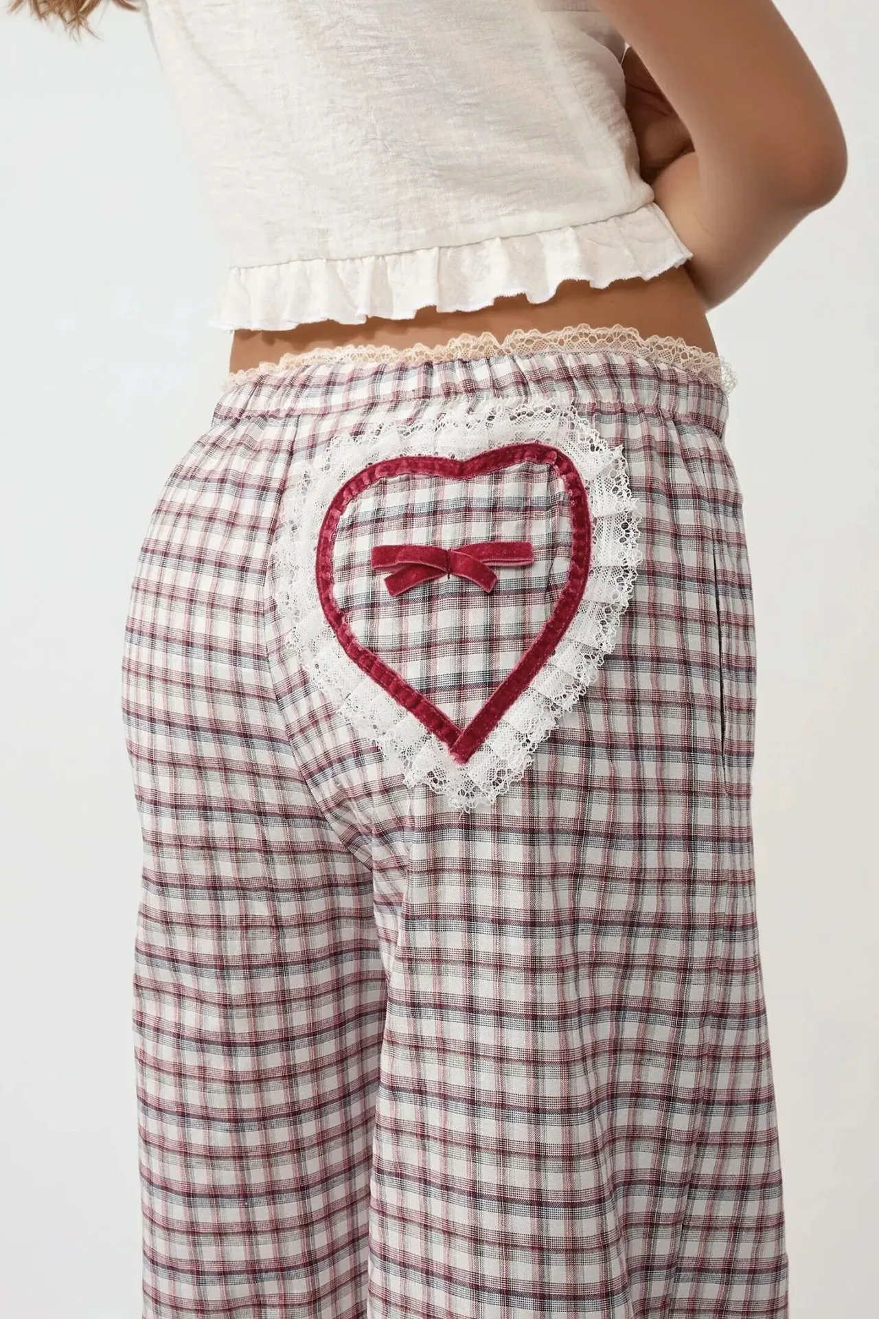 Plaid Long Lounge Bottoms with Back Heart Detail