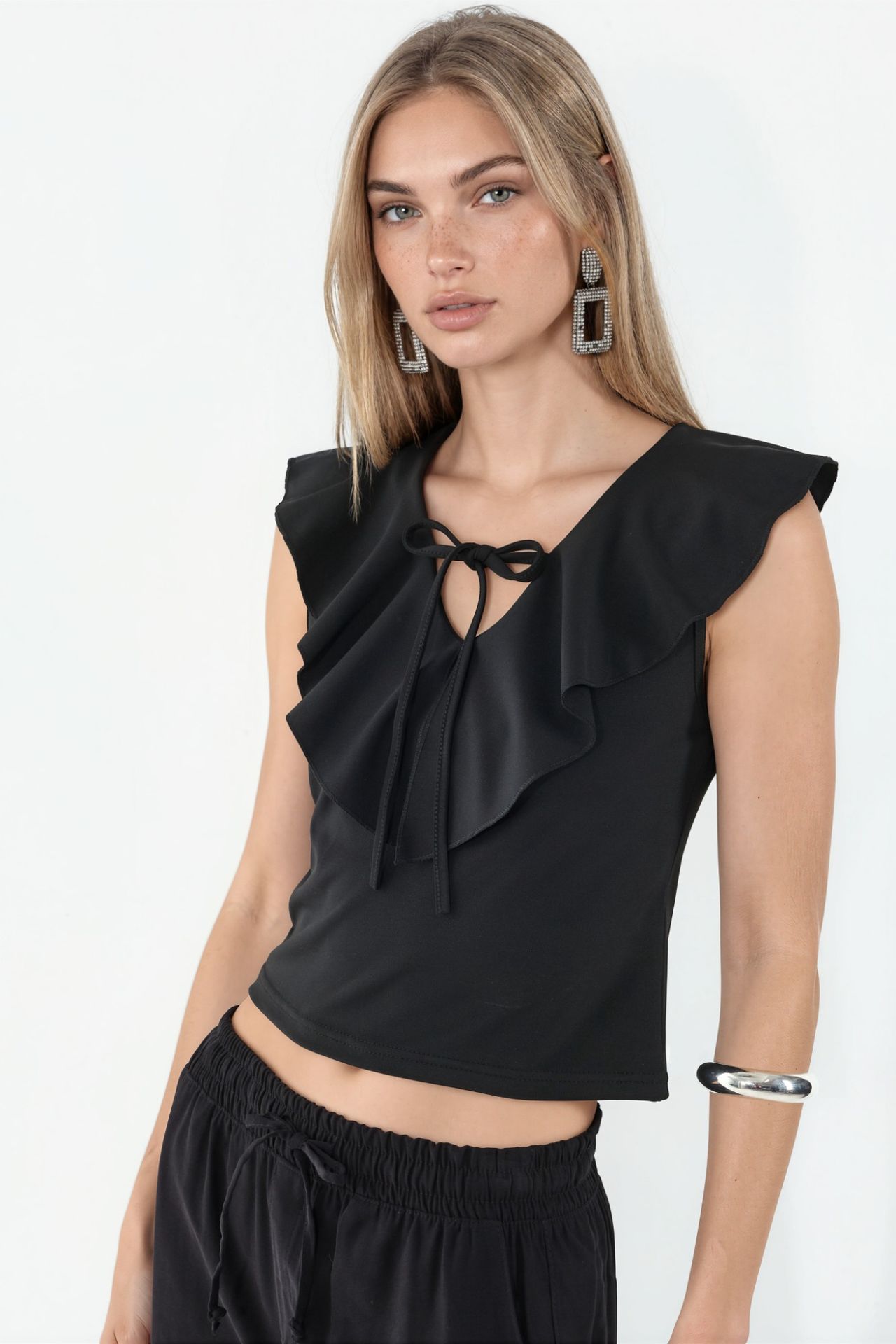 BDART Women's Solid Knit Crop Blouse With Tie Front 1