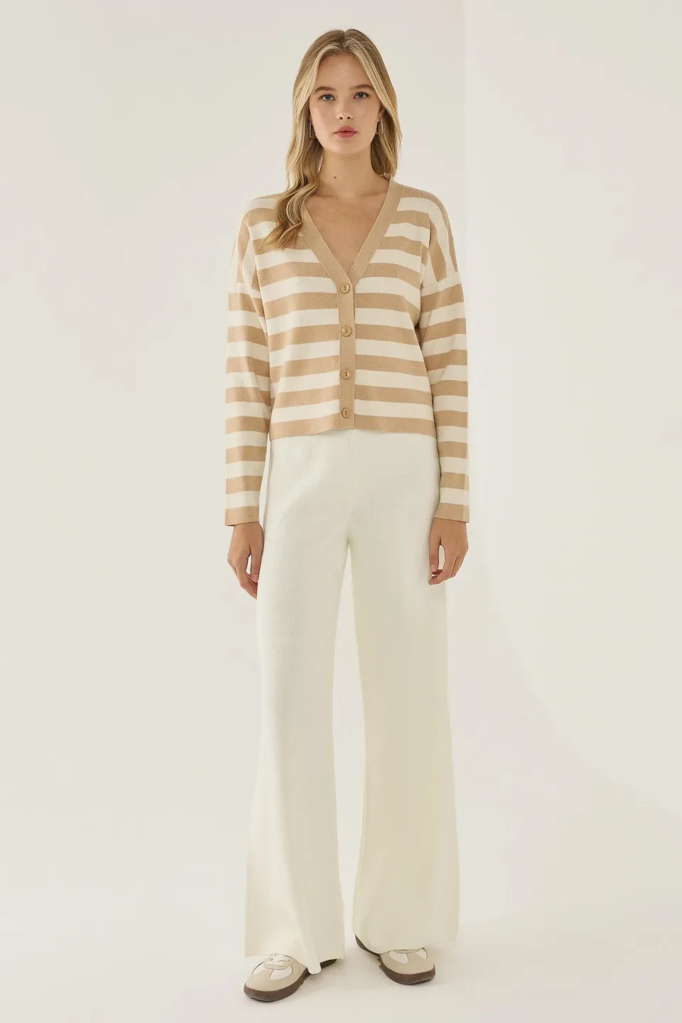 Striped V-Neck Cardigan with Button Detail