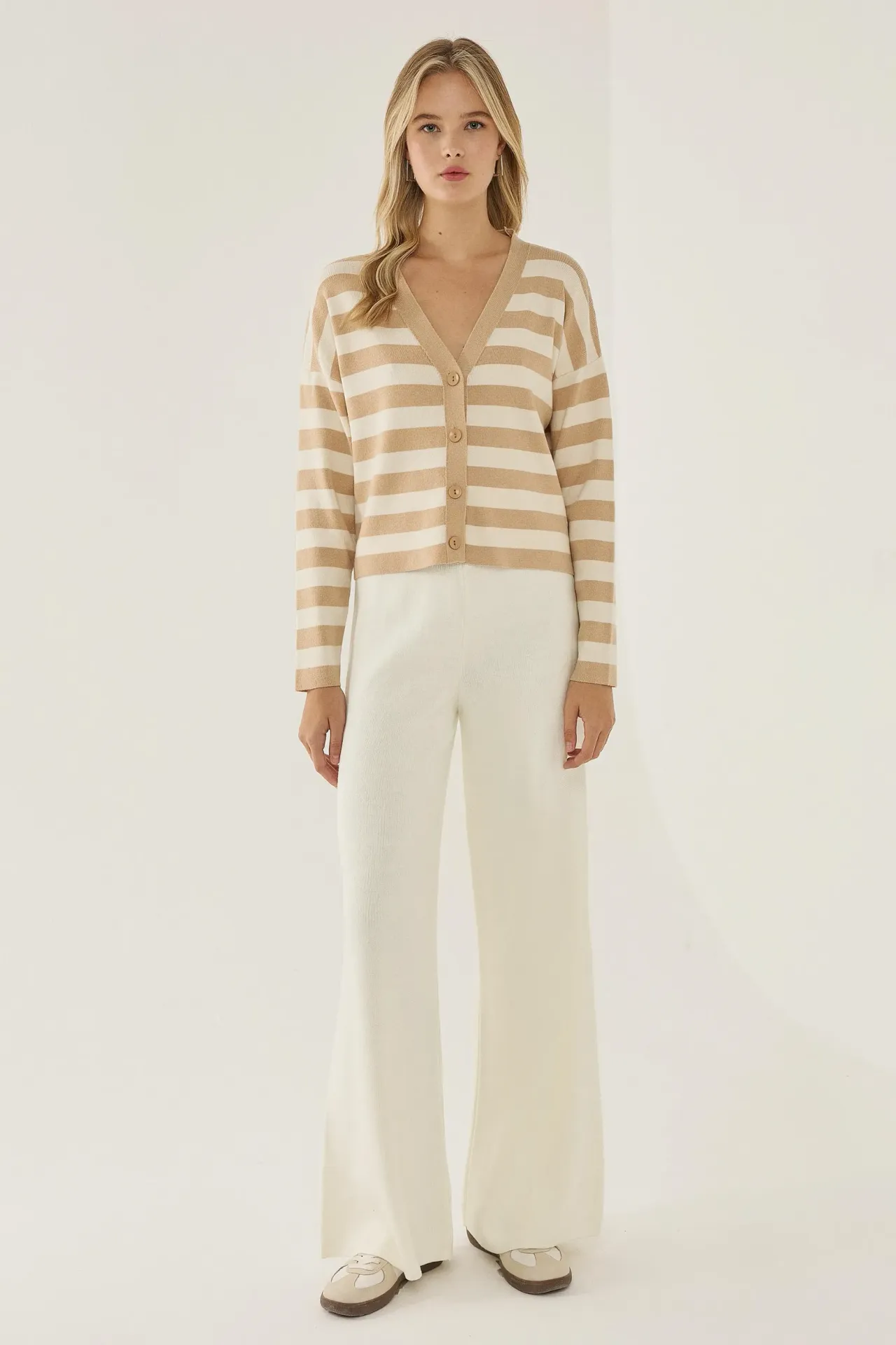 Striped V-Neck Cardigan with Button Detail