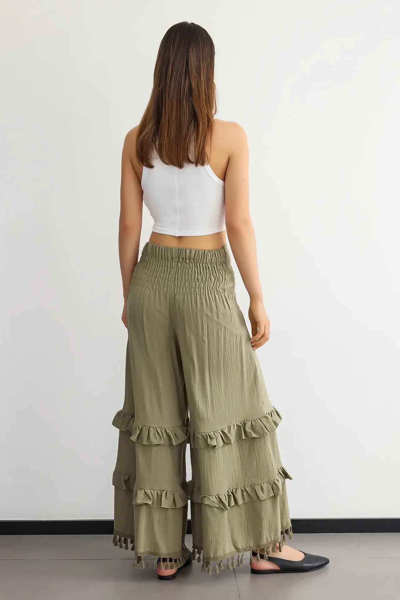 High-Waist Wide-Leg Linen Trousers with Tassel-Hem