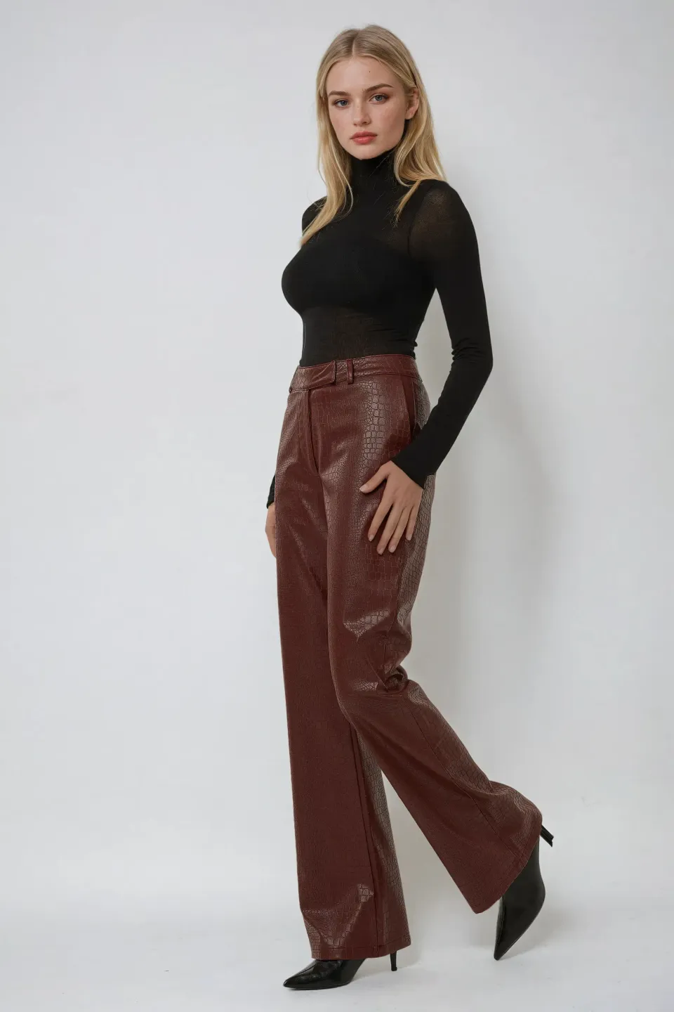  Snake Effect Faux Leather Flare Trousers