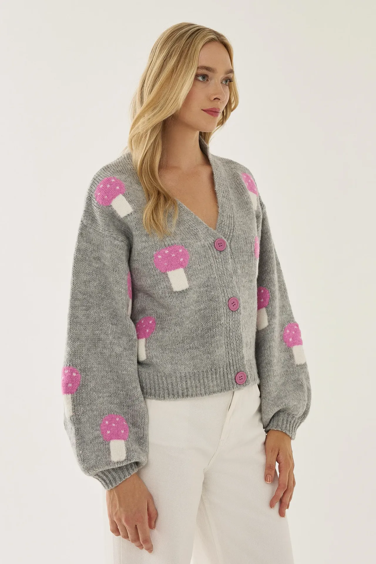 Mushroom Patterned V-Neck Cardigan