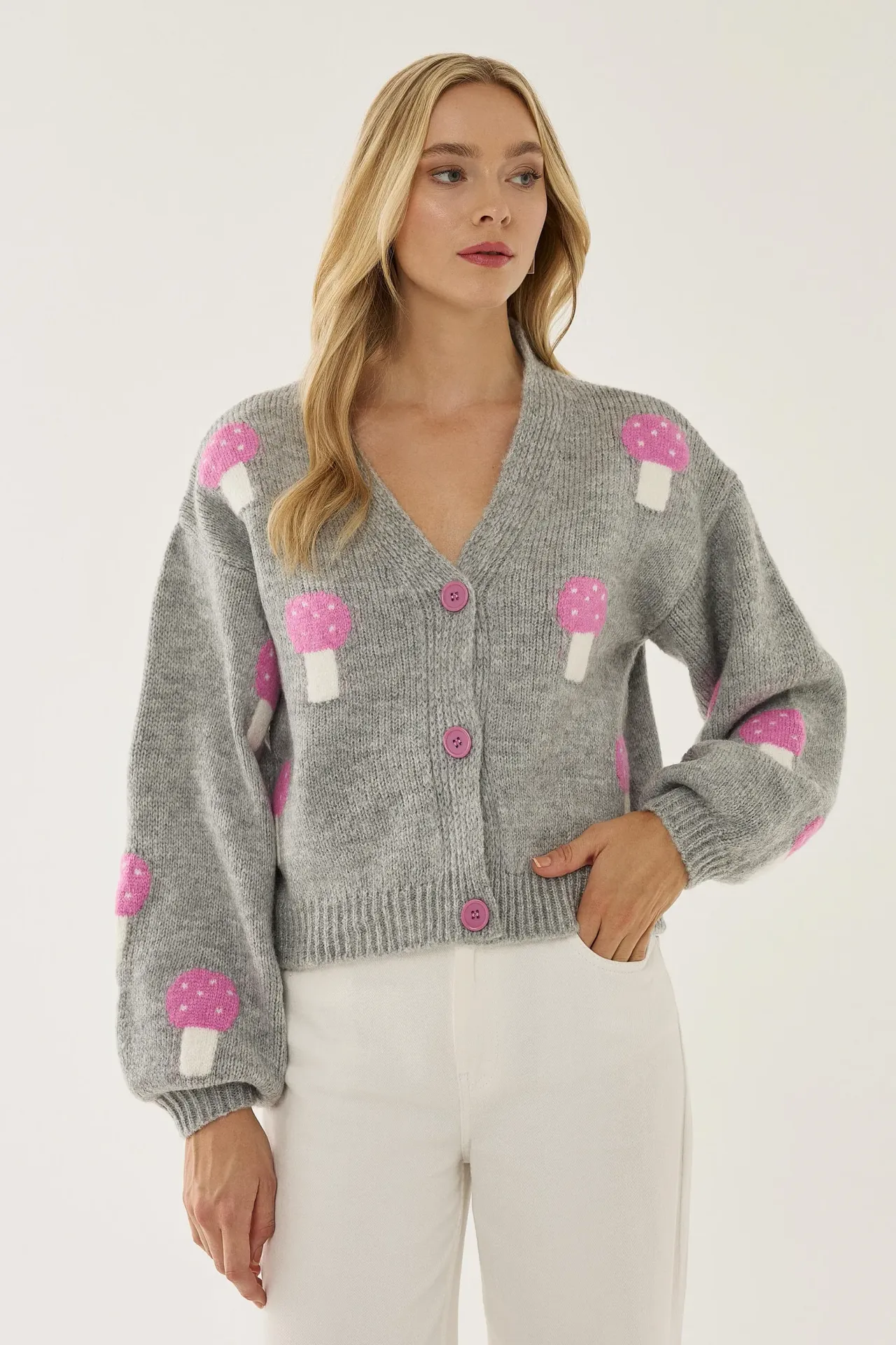 Mushroom Patterned V-Neck Cardigan