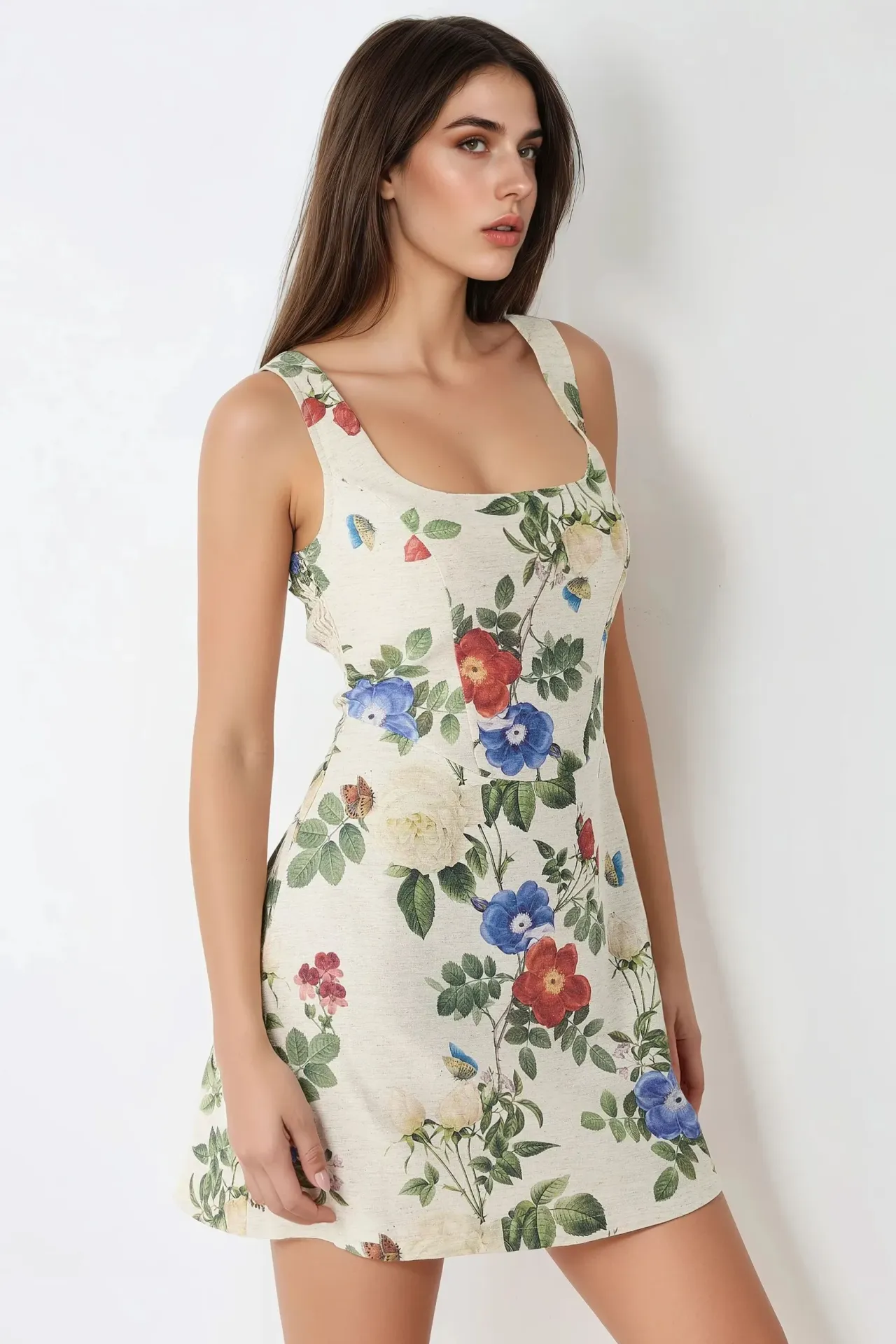 Square Neck Flower Pattern Linen Feel Mini Dress