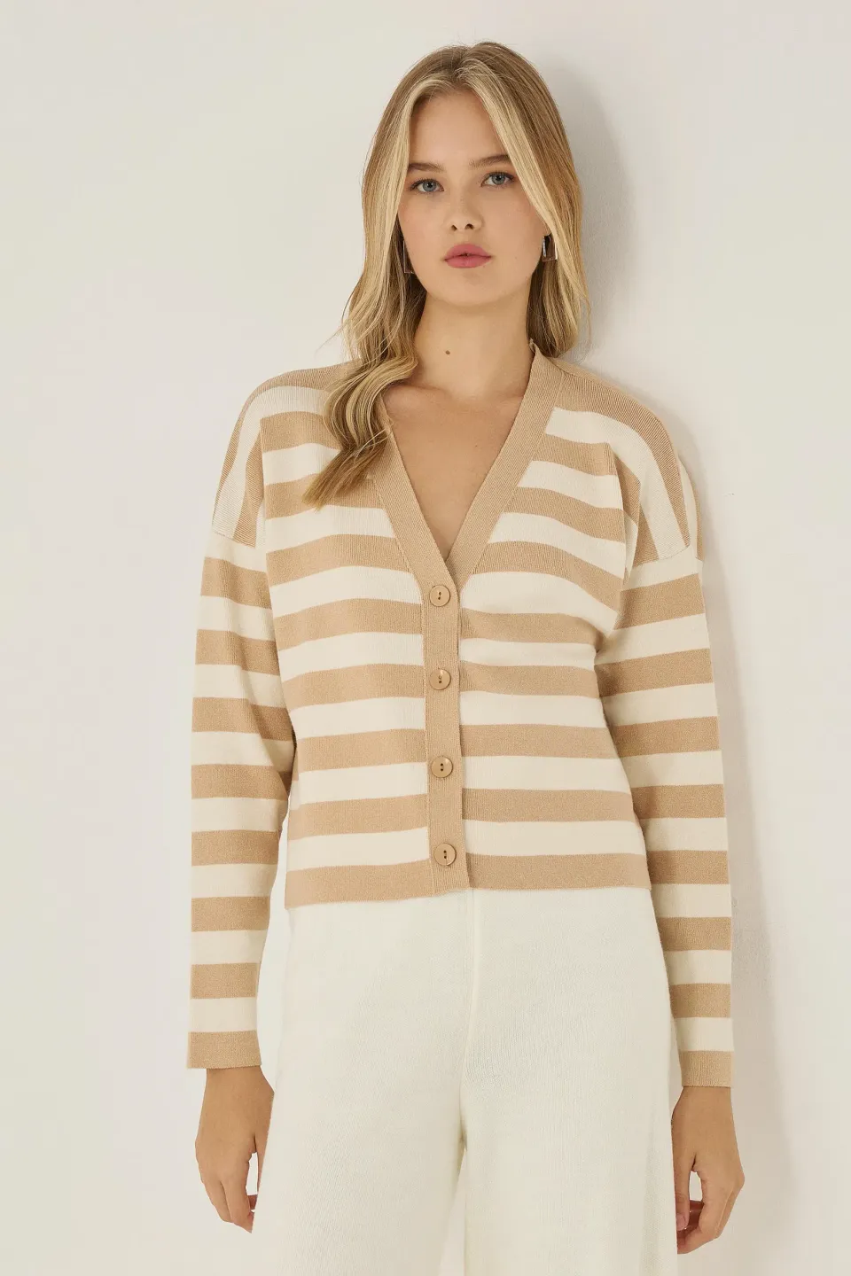 Striped V-Neck Cardigan with Button Detail