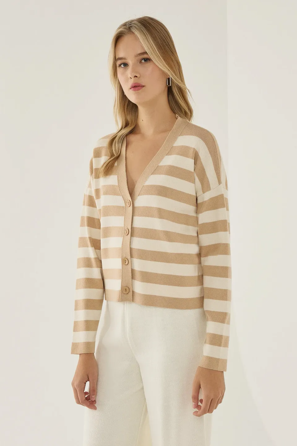 Striped V-Neck Cardigan with Button Detail