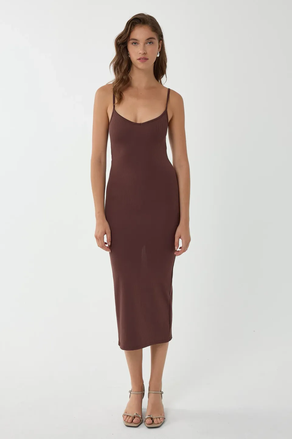 V-Neck Bodycon Midi Dress with Thin Straps