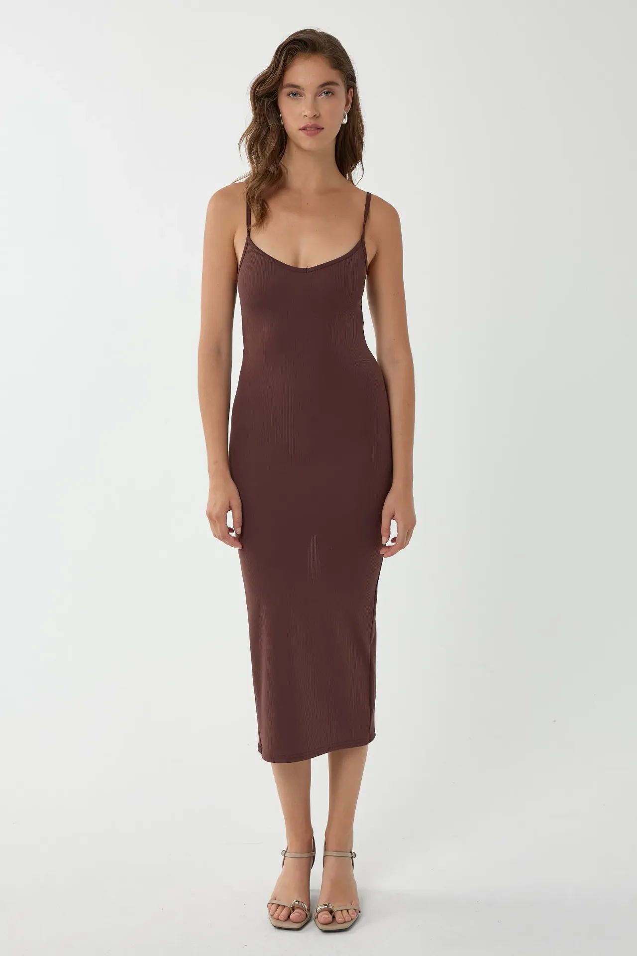 V-Neck Bodycon Midi Dress with Thin Straps