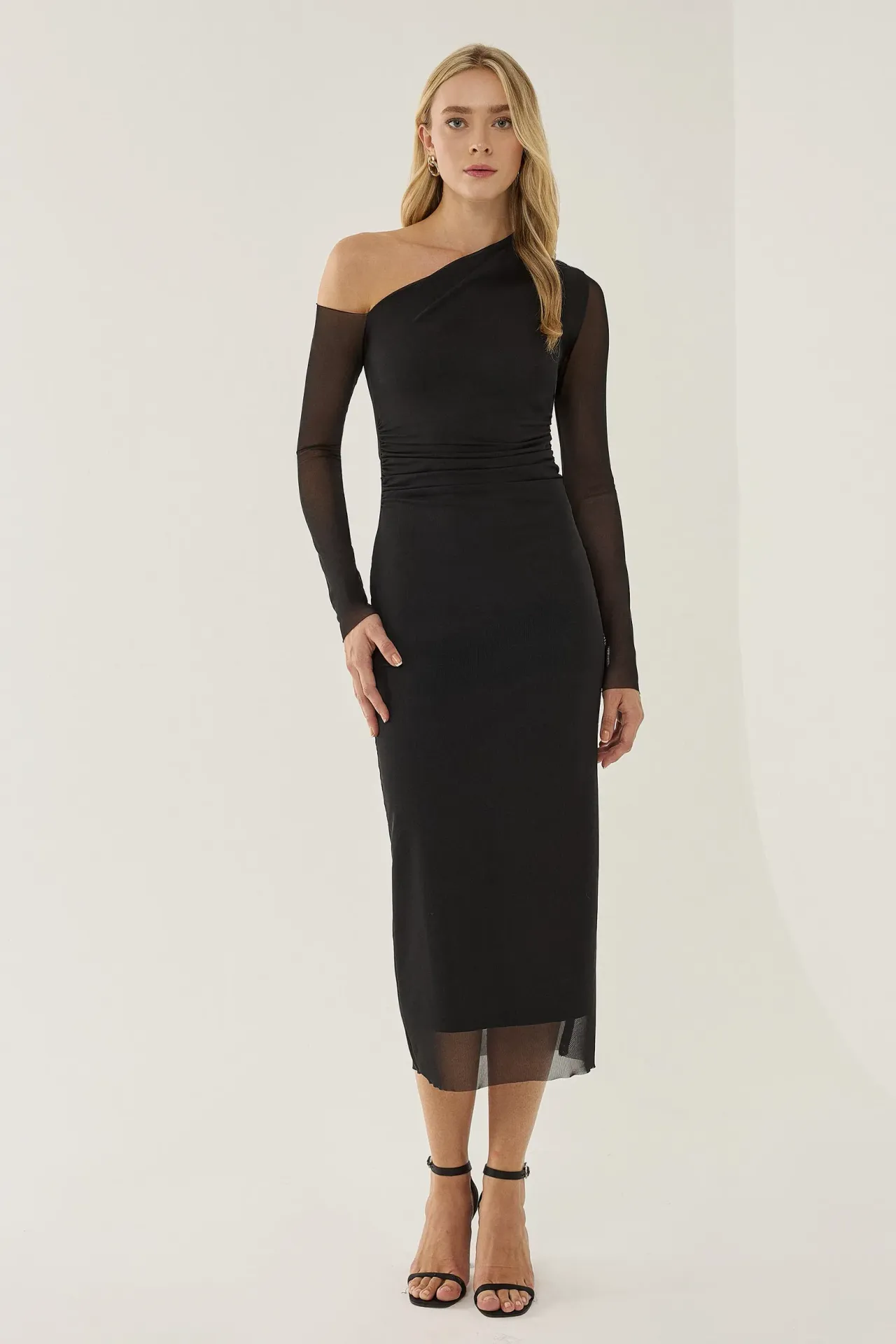 Asymmetrical Neck Bodycon Midi Dress