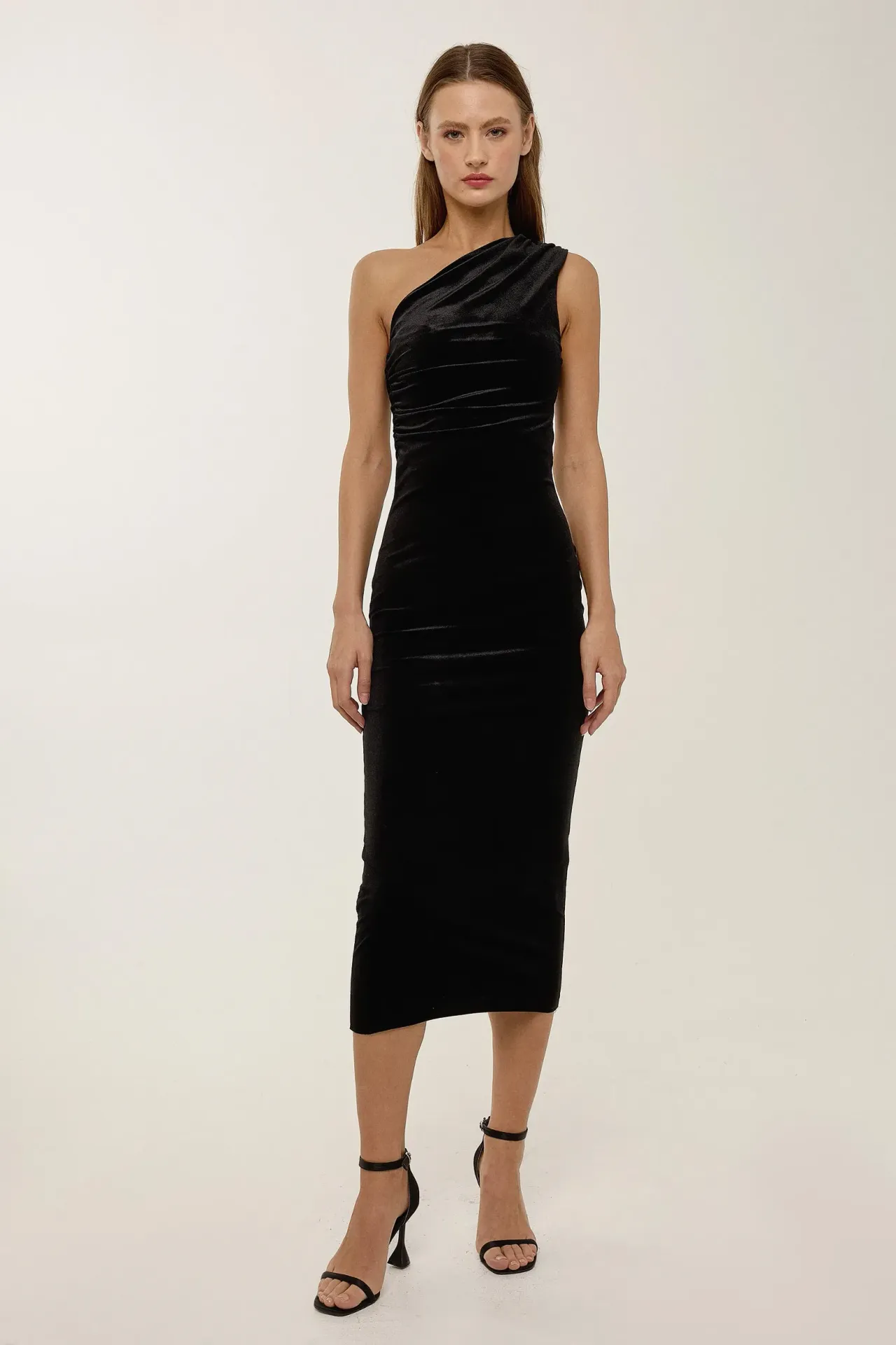 Draped Velvet Midi Dress with Single Arm