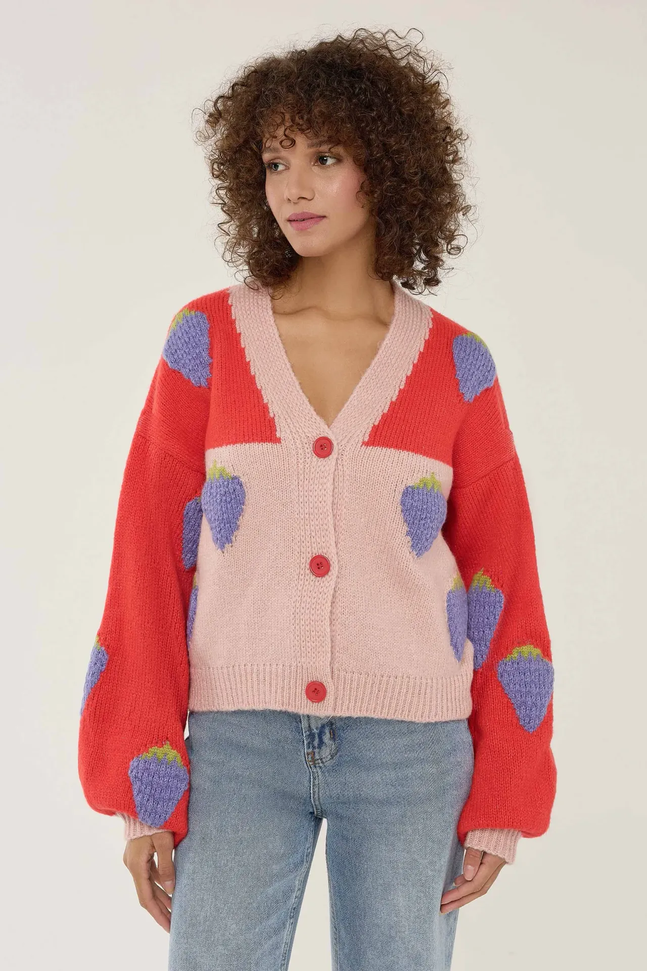 Oversized Strawberry Patterned Cardigan