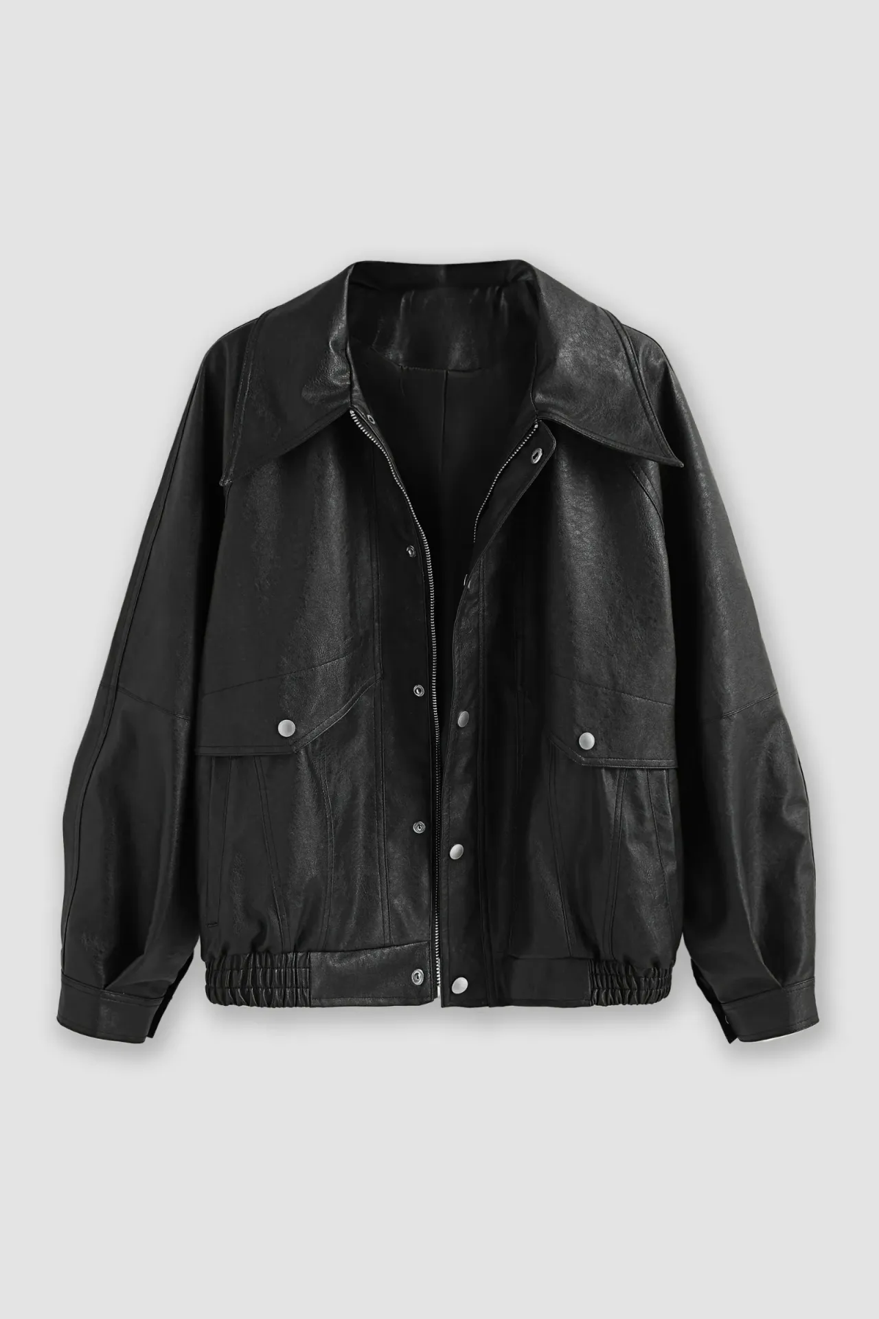 Oversized Faux Leather Jacket with Double Pockets