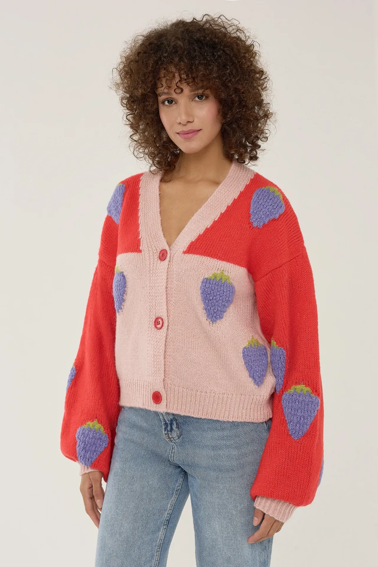 Oversized Strawberry Patterned Cardigan