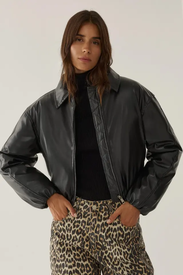 Faux Leather Bomber Puffer Jacket
