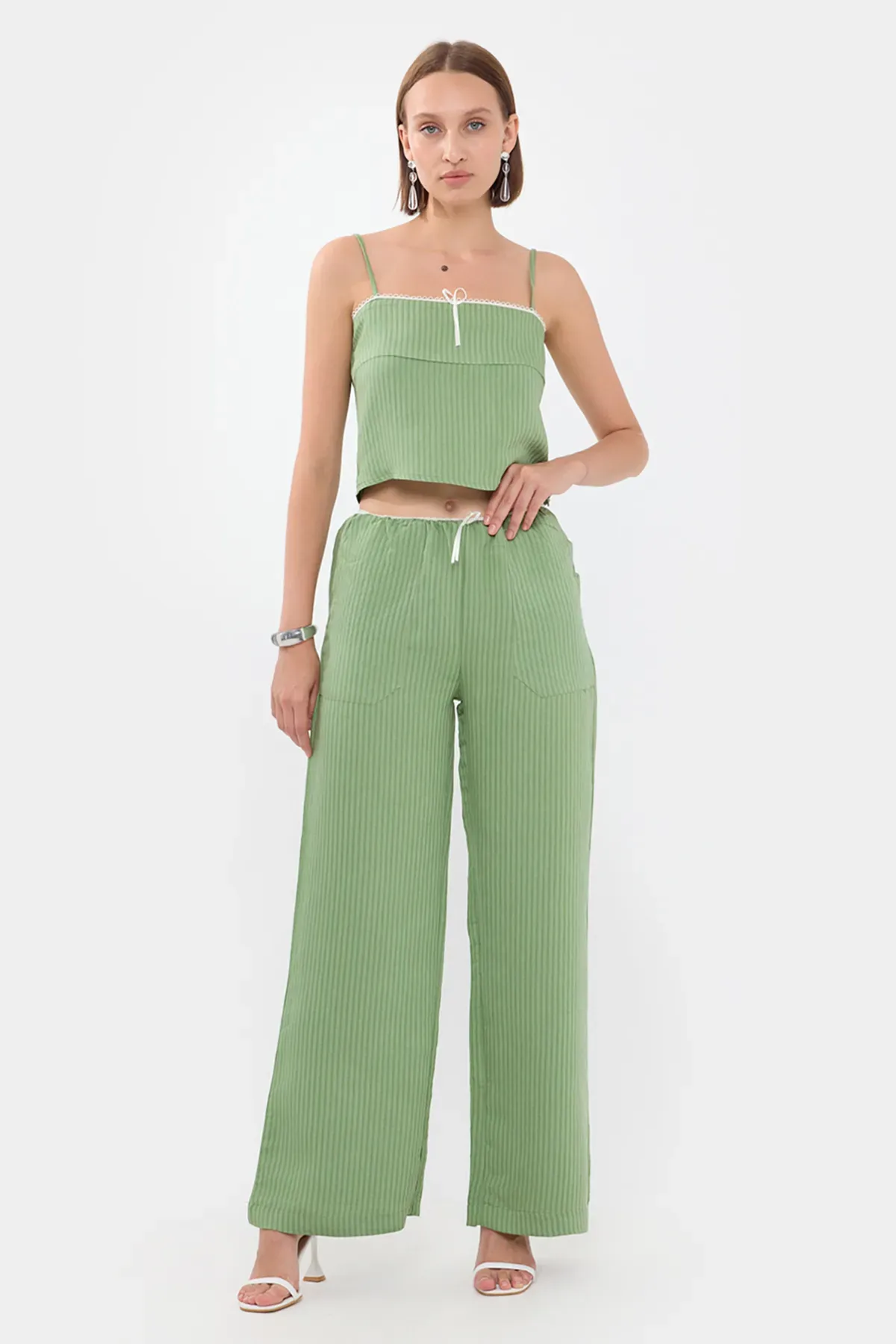 Striped High Waist Straight Leg Pajama Bottom with a Belt Detail 1